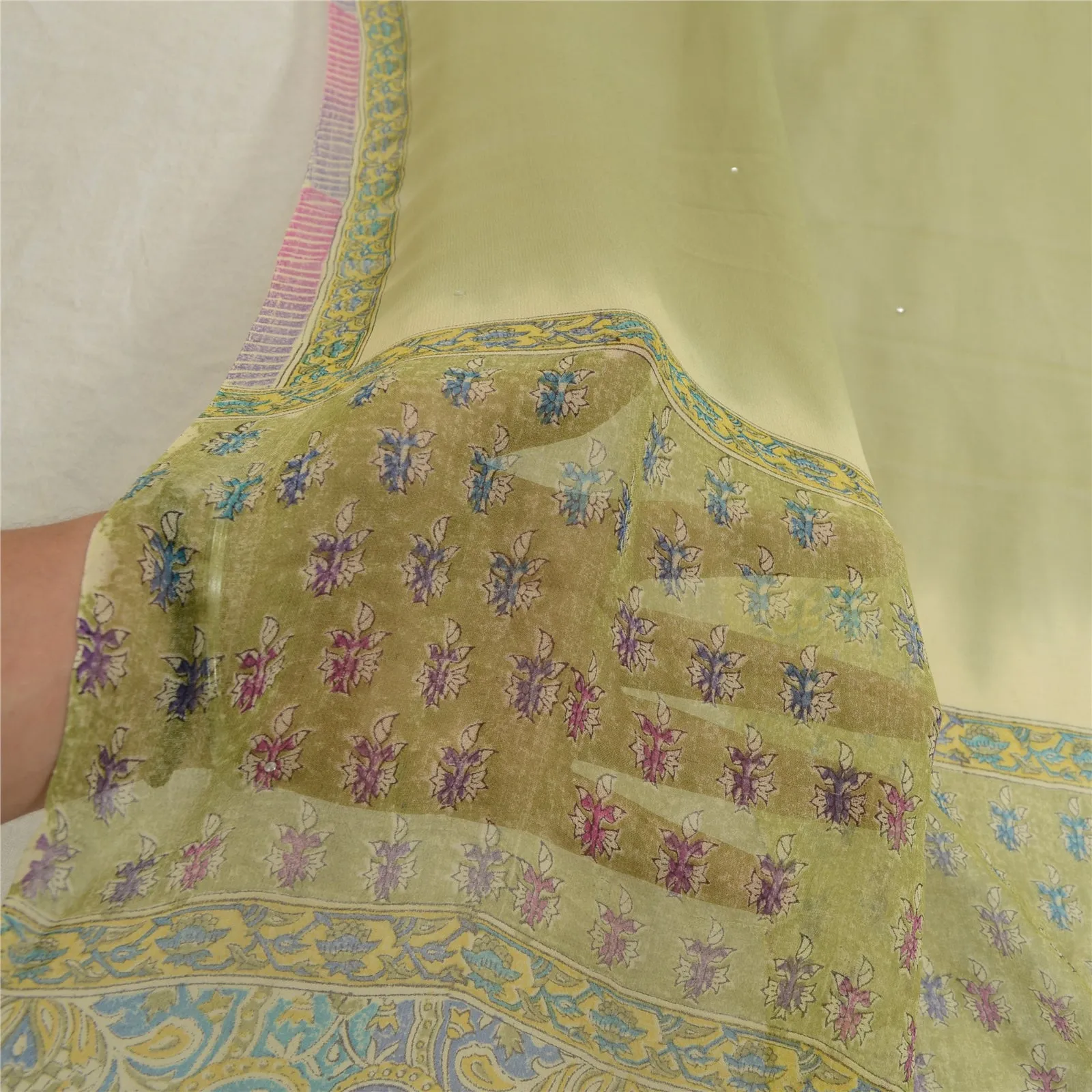 Sanskriti Vintage Green/Pink Long Dupatta/Stole Pure Georgette Silk Printed Veil