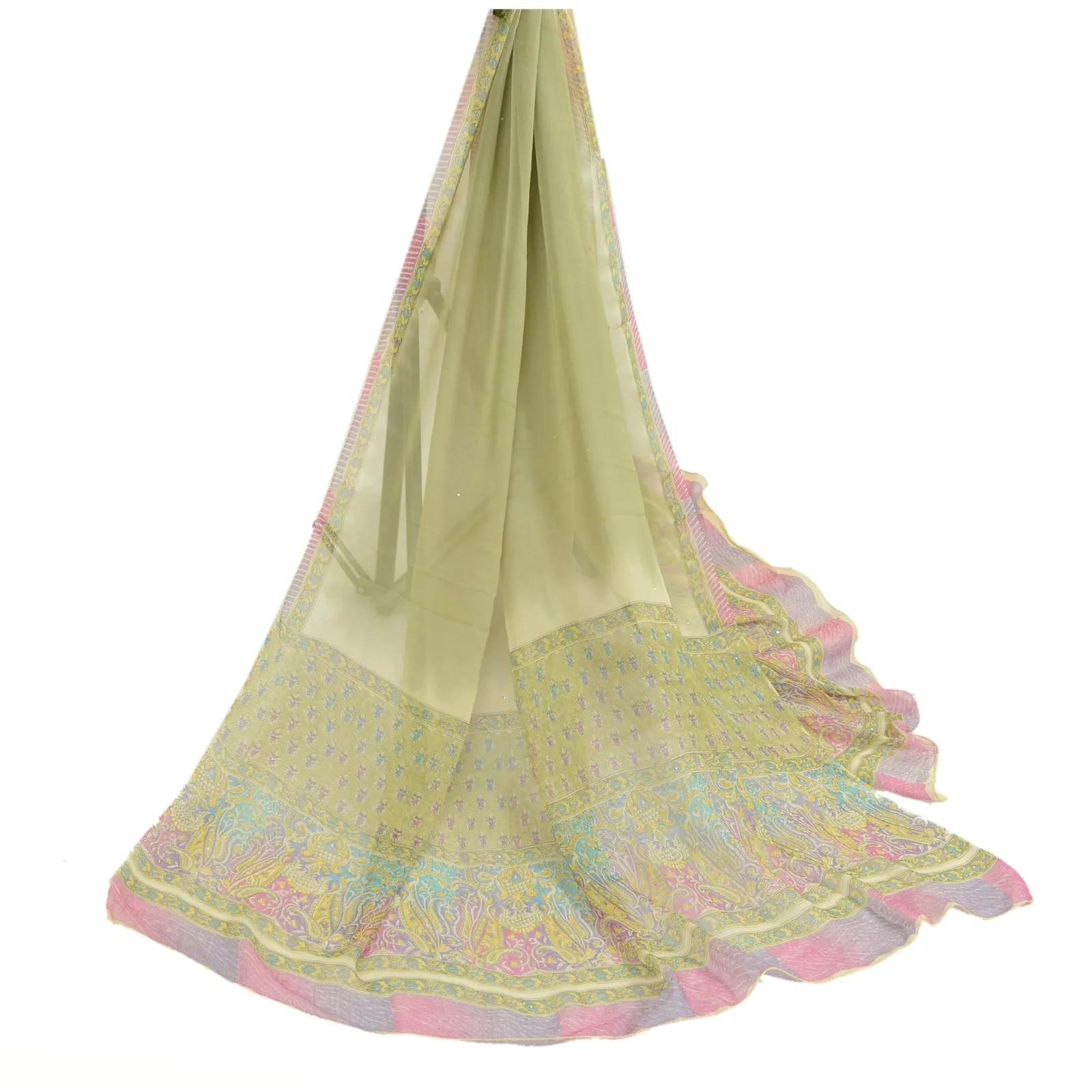 Sanskriti Vintage Green/Pink Long Dupatta/Stole Pure Georgette Silk Printed Veil