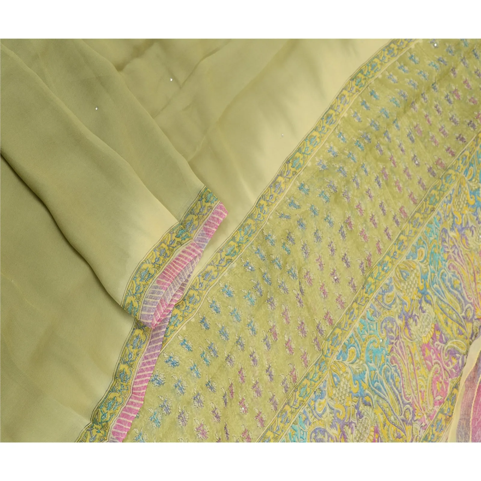 Sanskriti Vintage Green/Pink Long Dupatta/Stole Pure Georgette Silk Printed Veil