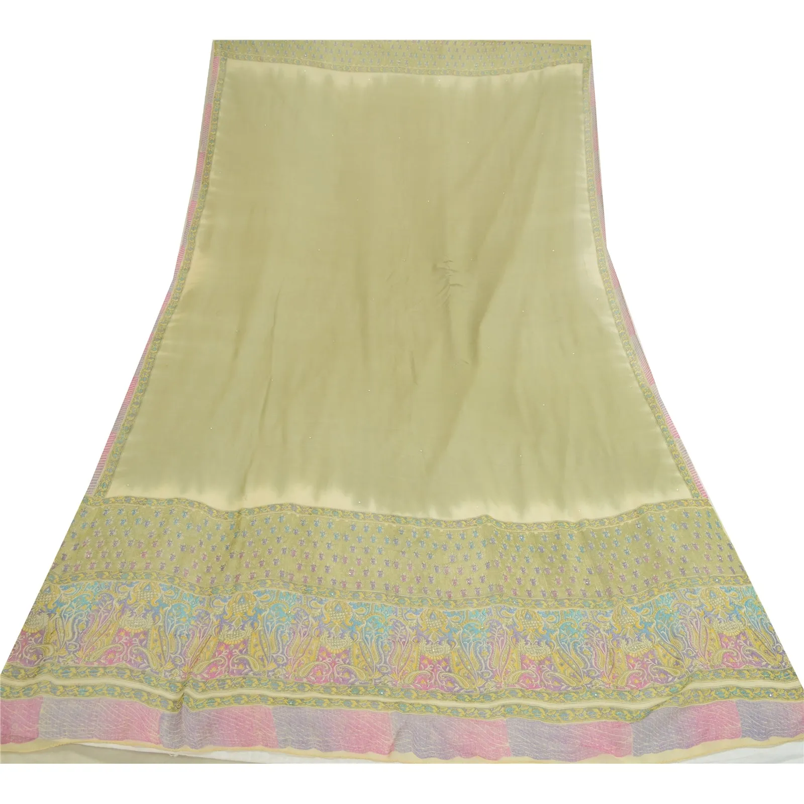 Sanskriti Vintage Green/Pink Long Dupatta/Stole Pure Georgette Silk Printed Veil