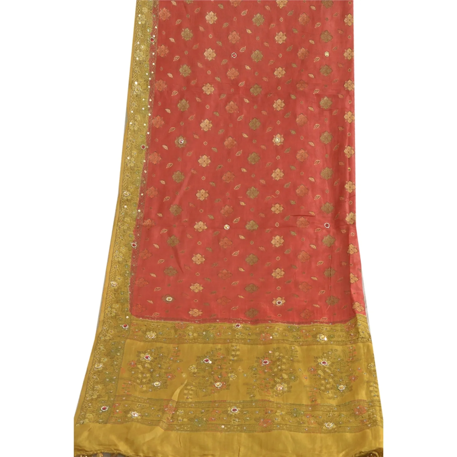 Sanskriti Vintage Green/Red Long Dupatta Stole 100% Pure Silk Hand Beaded Veil