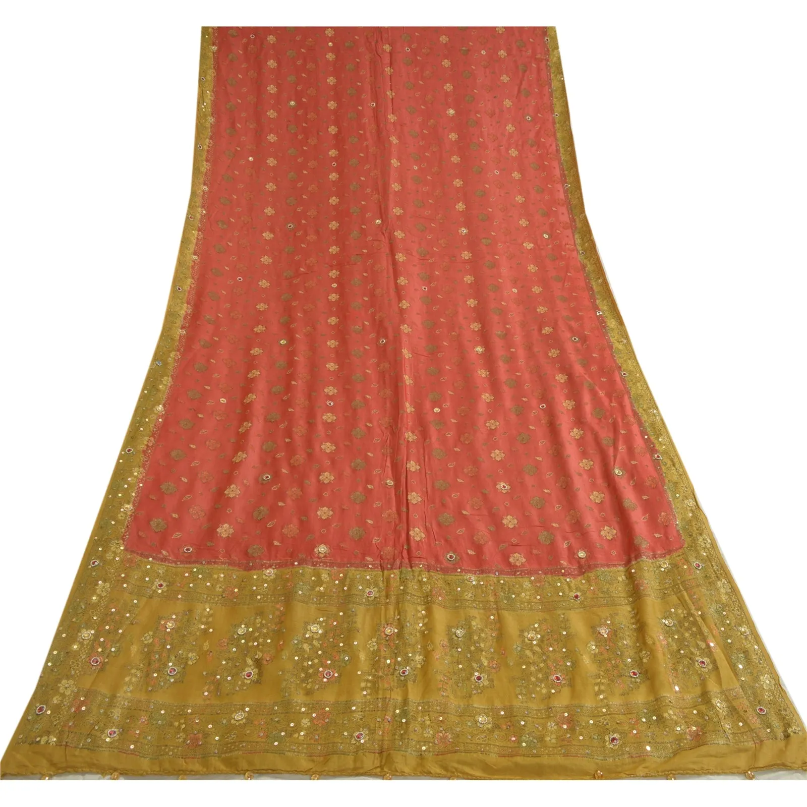 Sanskriti Vintage Green/Red Long Dupatta Stole 100% Pure Silk Hand Beaded Veil