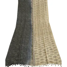 Sanskriti Vintage Ivory/Grey Long Dupatta Stole Pure Silk Hand-Block Print Veil