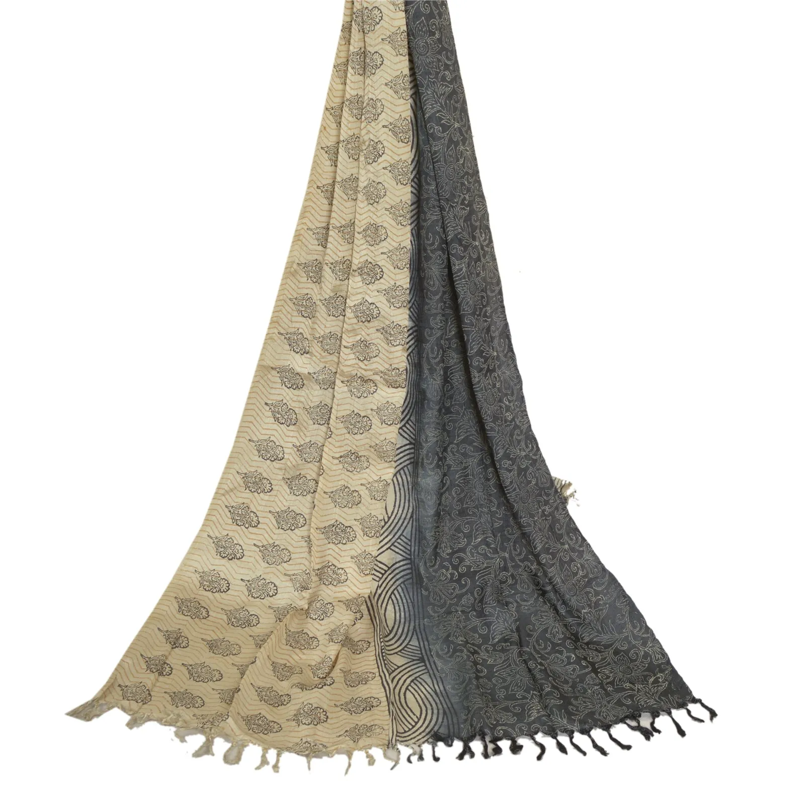 Sanskriti Vintage Ivory/Grey Long Dupatta Stole Pure Silk Hand-Block Print Veil