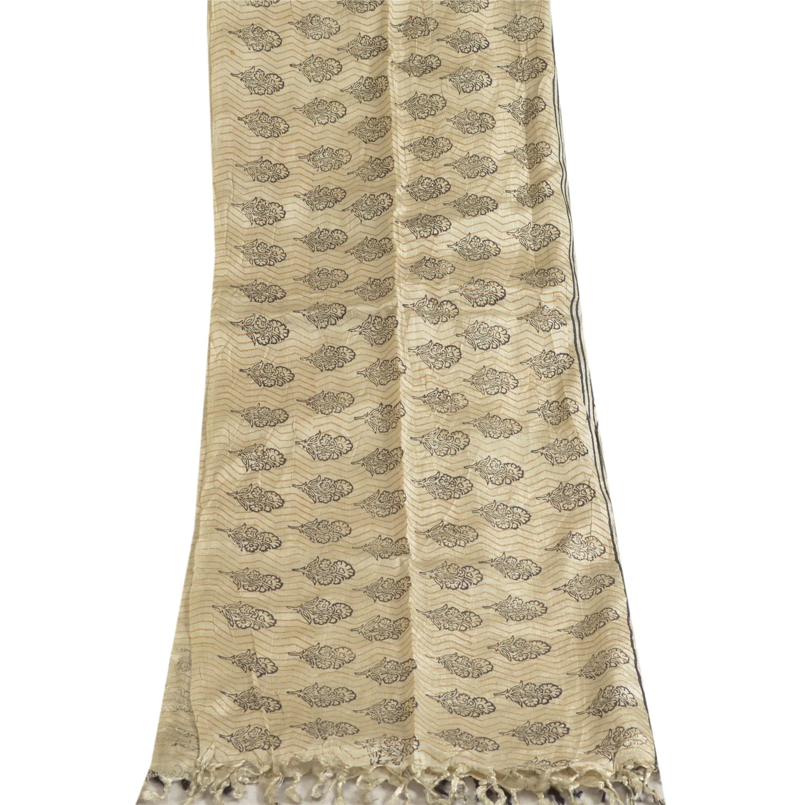 Sanskriti Vintage Ivory/Grey Long Dupatta Stole Pure Silk Hand-Block Print Veil