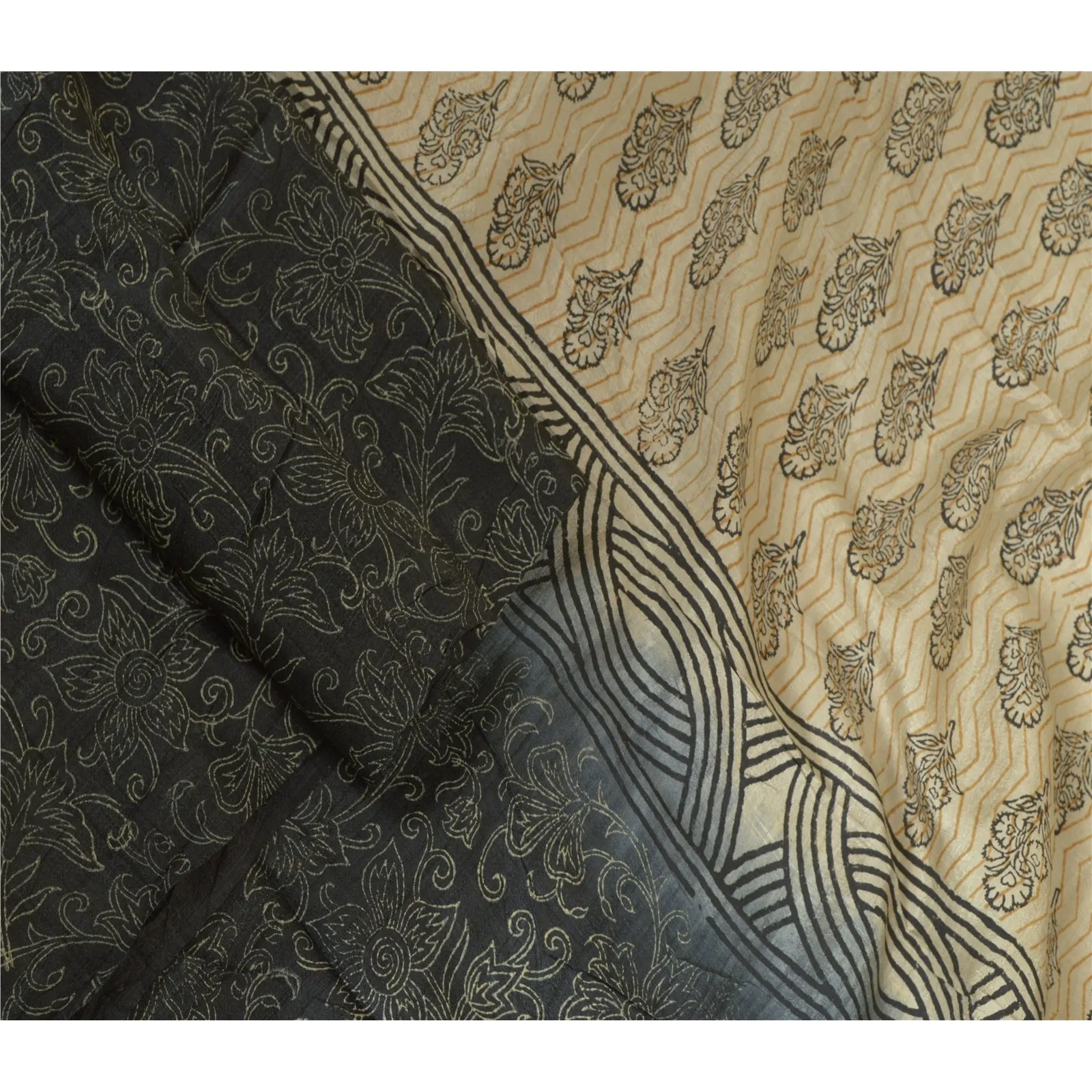 Sanskriti Vintage Ivory/Grey Long Dupatta Stole Pure Silk Hand-Block Print Veil