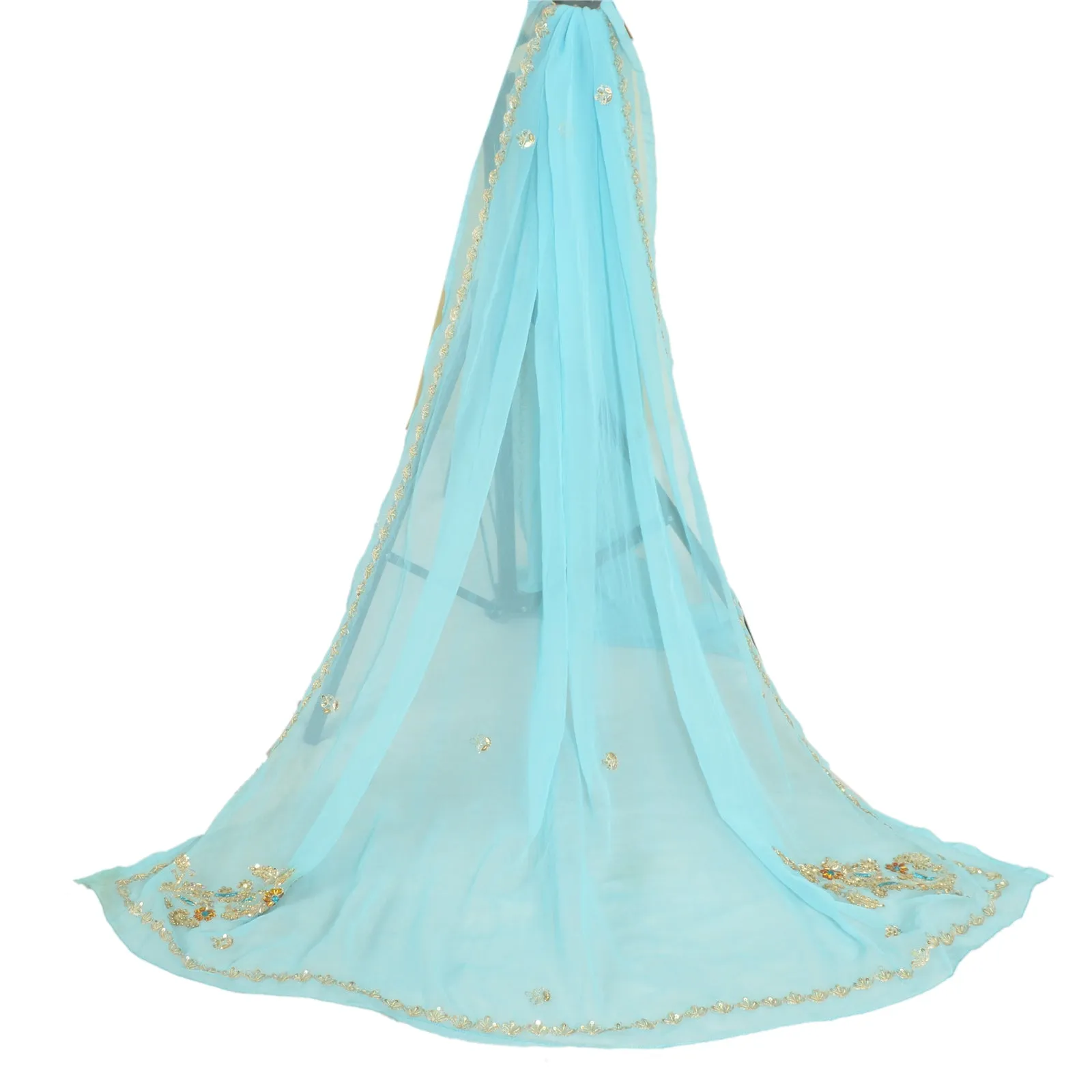 Sanskriti Vintage Long Blue Dupatta/Stole Pure Georgette Silk Hand Beaded Veil