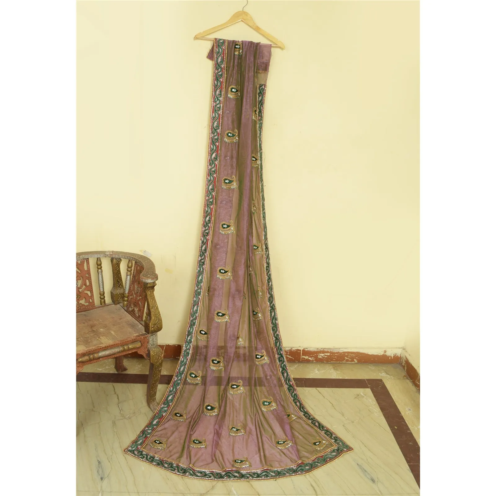 Sanskriti Vintage Long Dupatta Net Mesh Copper Hand Beaded Zardozi Wrap Stole