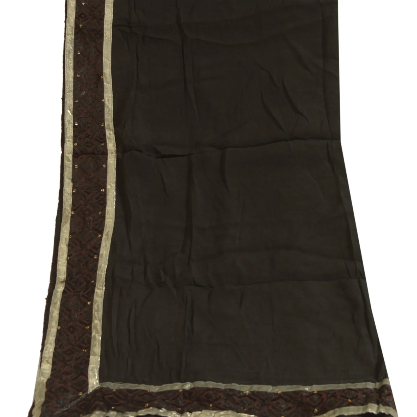 Sanskriti Vintage Long Dupatta Stole Blend Silk Black Hand Beaded Bagh Phulkari