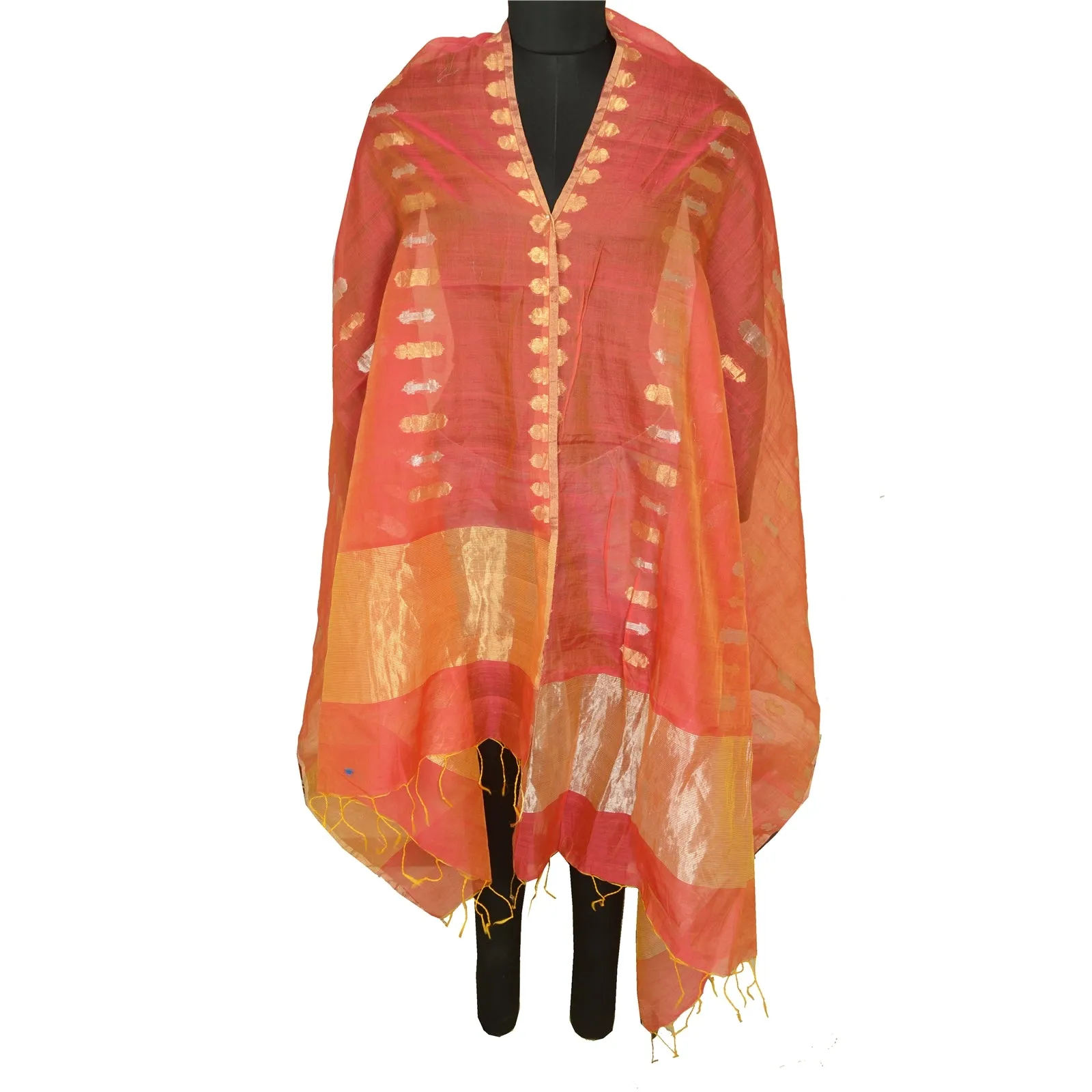 Sanskriti Vintage Long Dupatta Stole Pure Chanderi Silk Pink Woven Brocade Veil