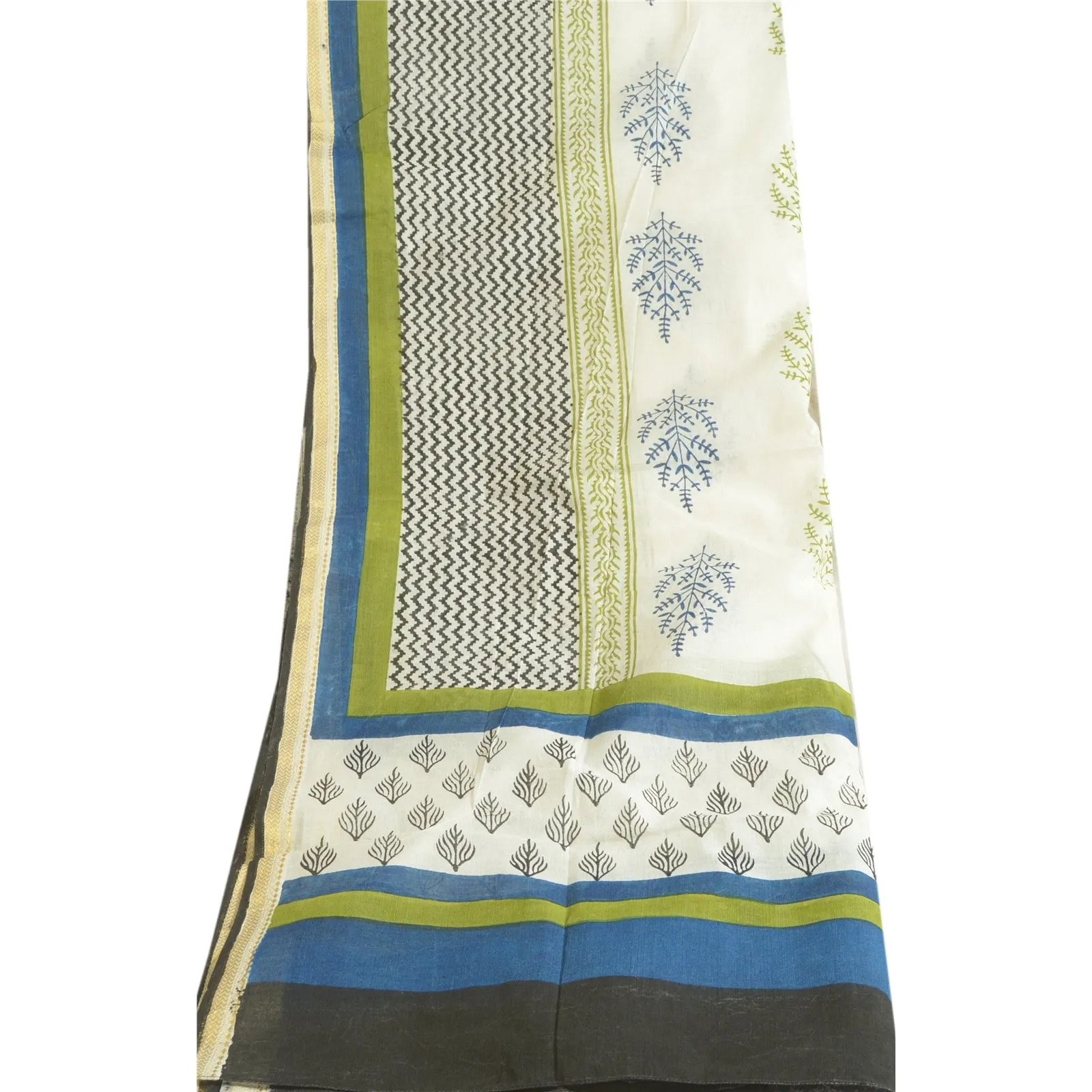 Sanskriti Vintage Long Dupatta Stole Pure Cotton White/Blue Hand-Block Printed