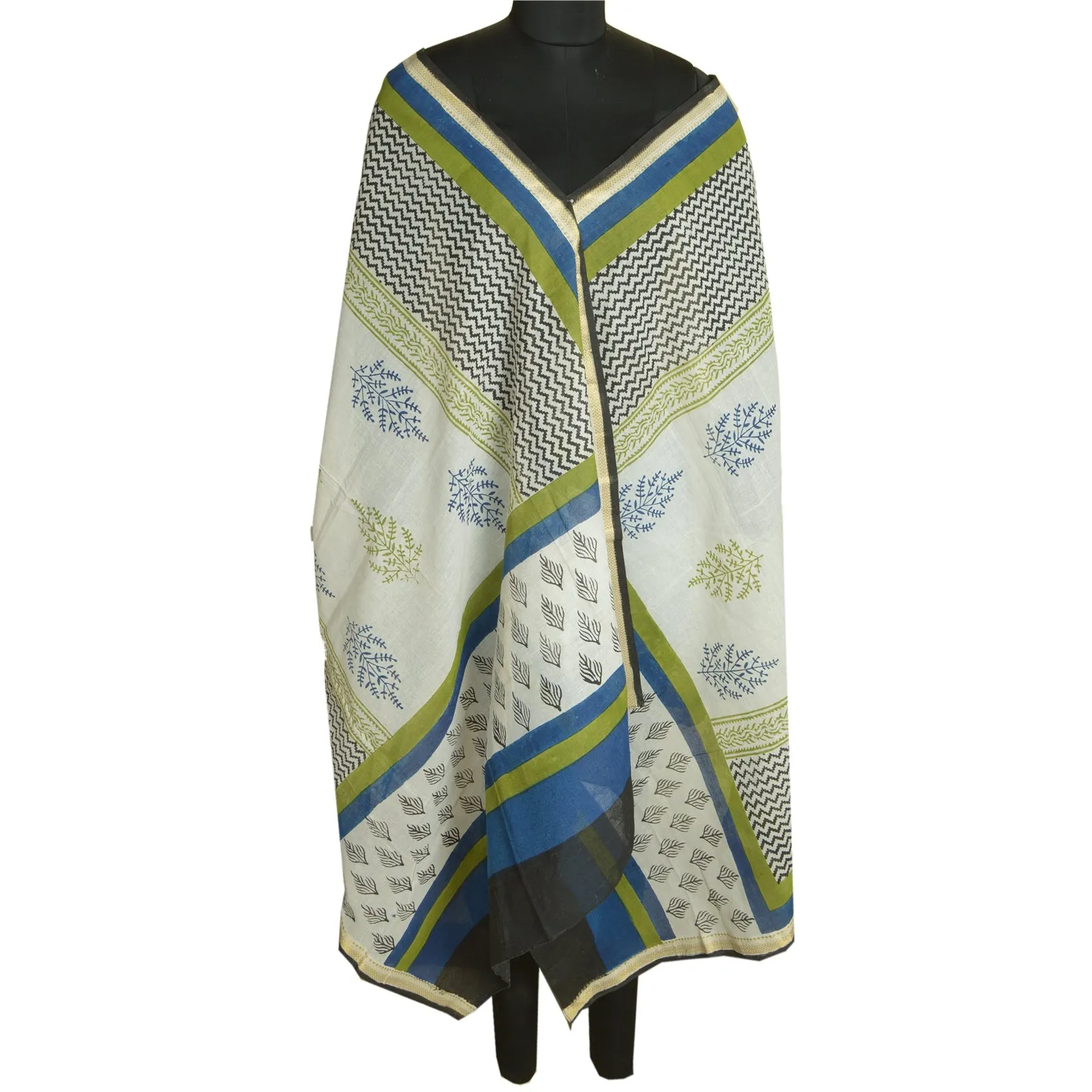 Sanskriti Vintage Long Dupatta Stole Pure Cotton White/Blue Hand-Block Printed