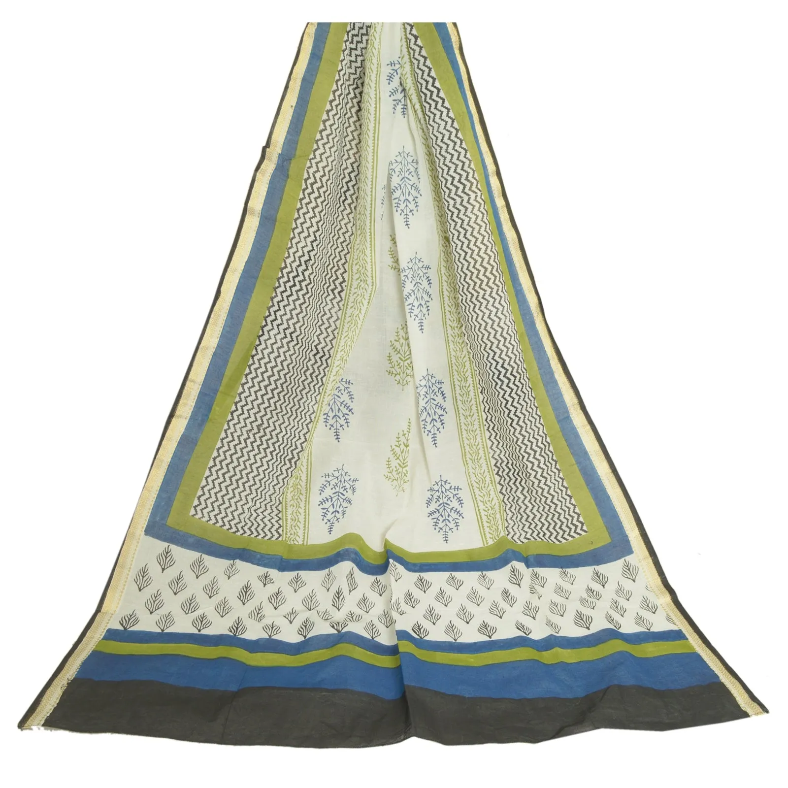 Sanskriti Vintage Long Dupatta Stole Pure Cotton White/Blue Hand-Block Printed