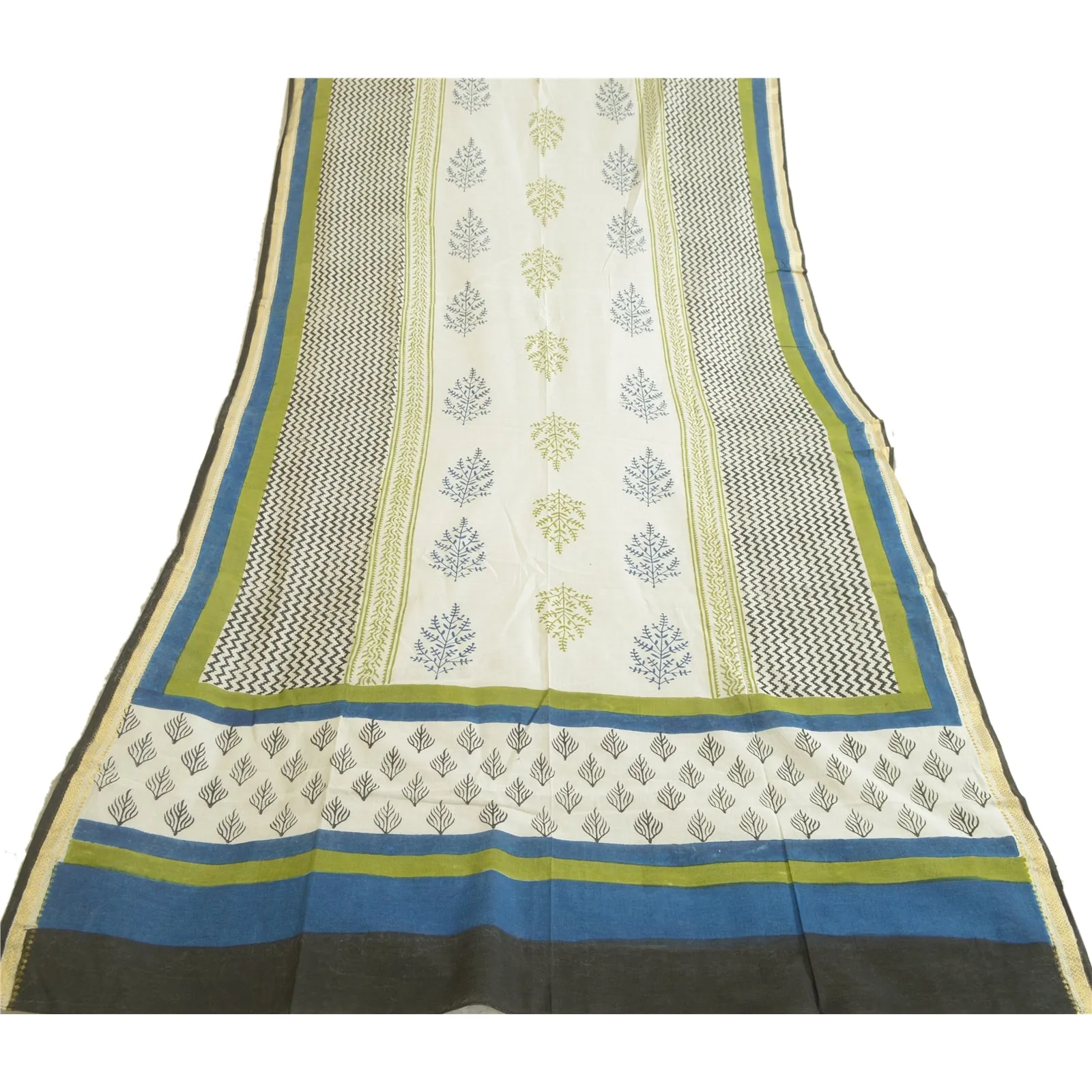 Sanskriti Vintage Long Dupatta Stole Pure Cotton White/Blue Hand-Block Printed