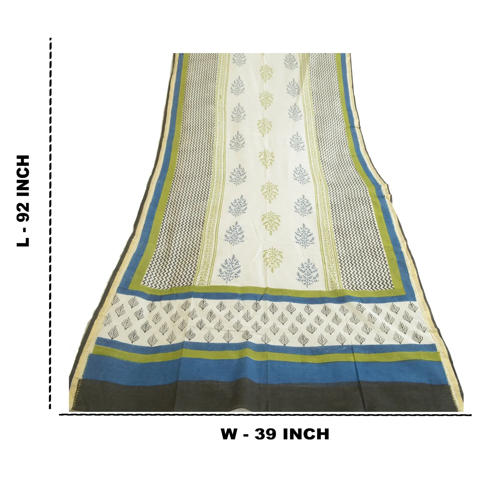 Sanskriti Vintage Long Dupatta Stole Pure Cotton White/Blue Hand-Block Printed