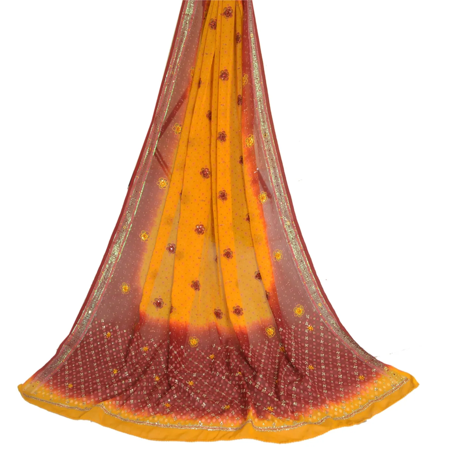 Sanskriti Vintage Long Dupatta Stole Pure Silk Saffron/Dark Red Beaded Woven