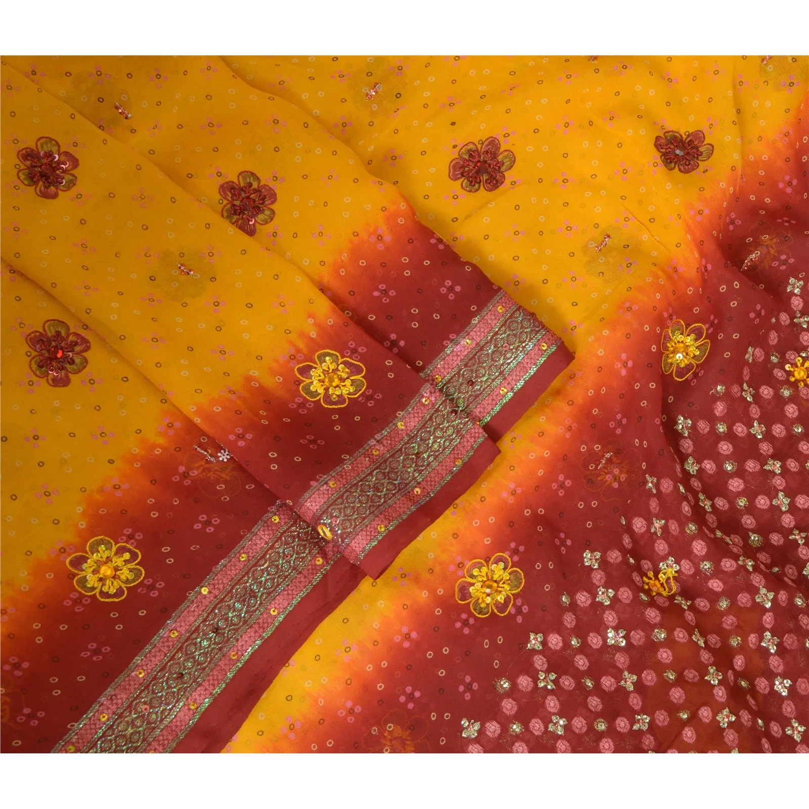 Sanskriti Vintage Long Dupatta Stole Pure Silk Saffron/Dark Red Beaded Woven