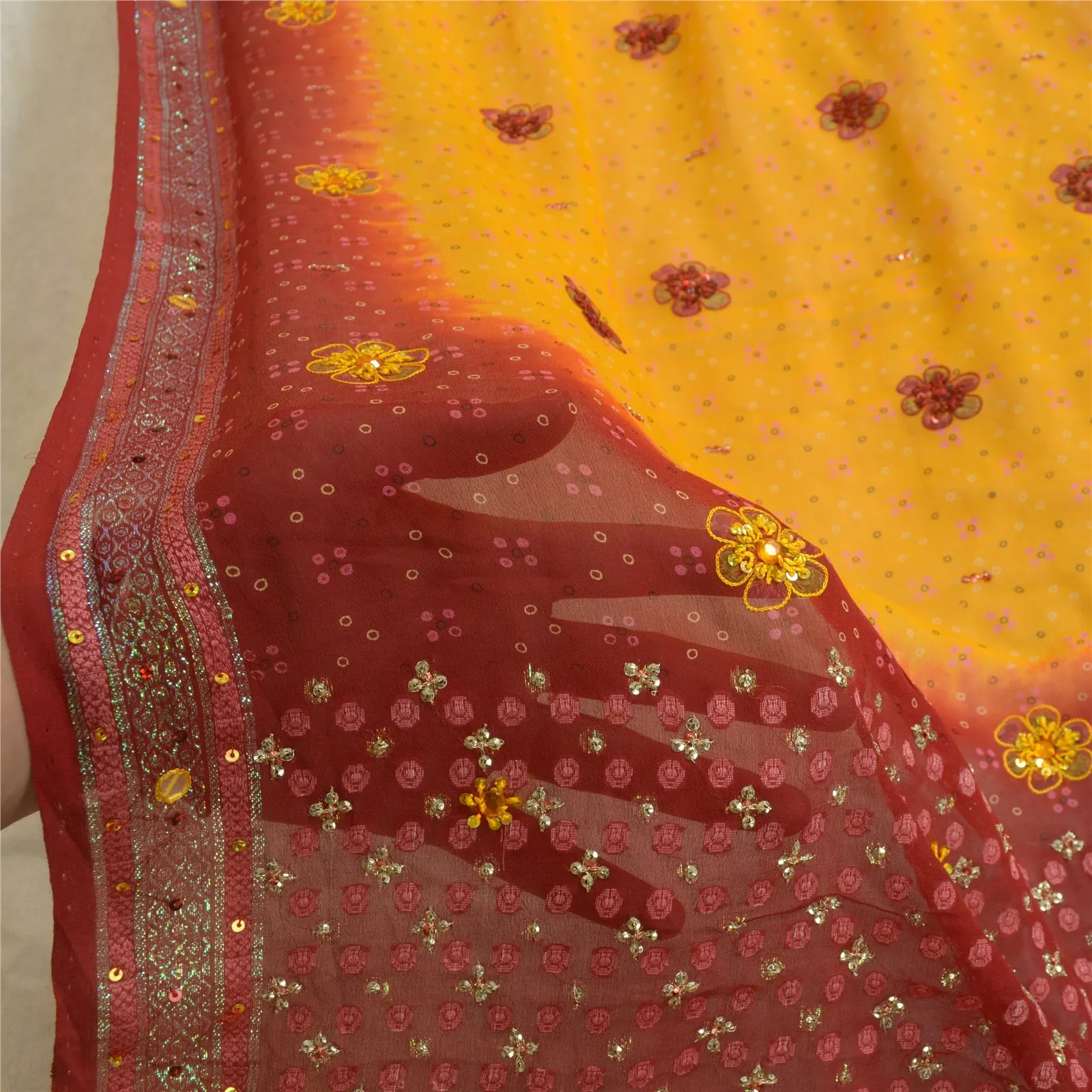 Sanskriti Vintage Long Dupatta Stole Pure Silk Saffron/Dark Red Beaded Woven