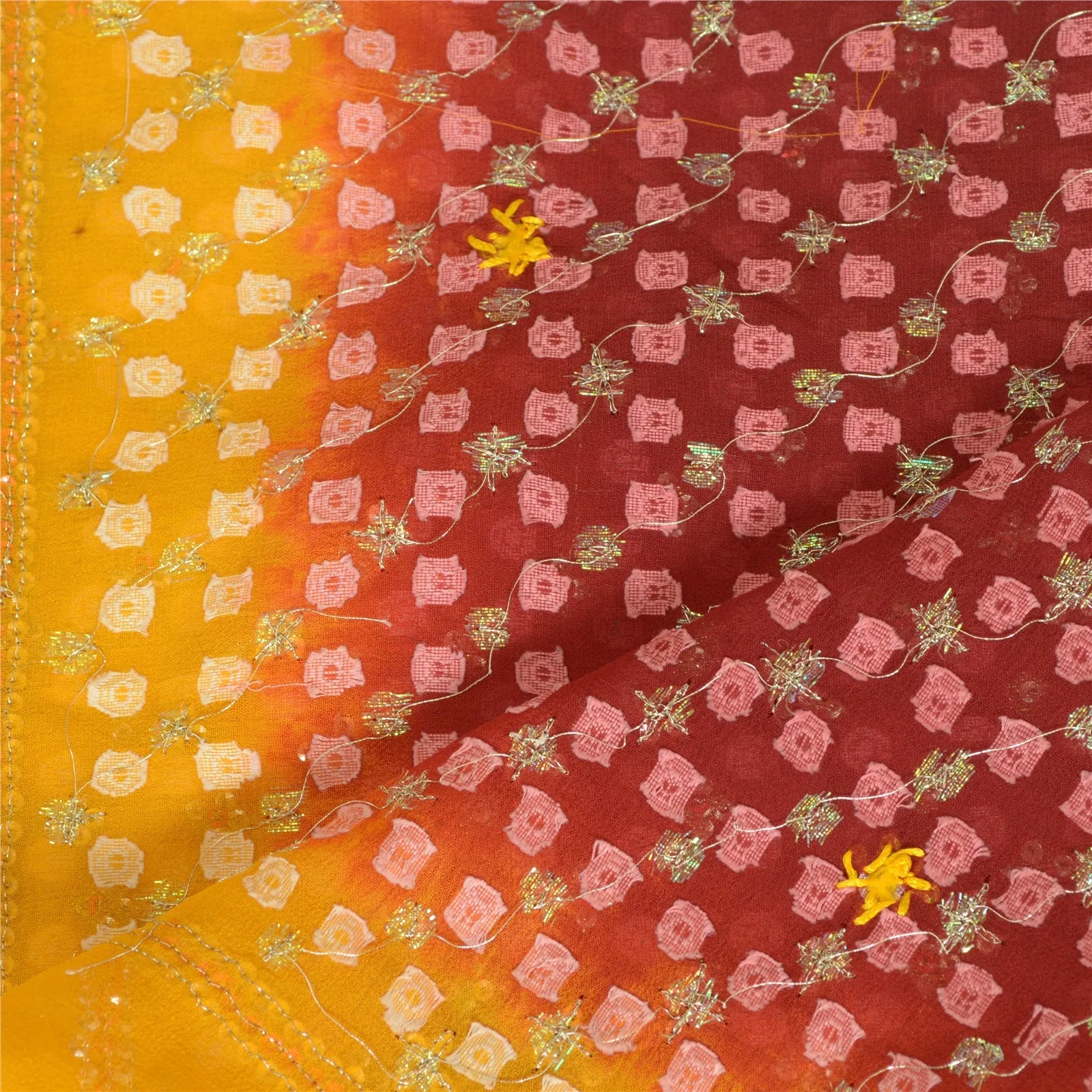 Sanskriti Vintage Long Dupatta Stole Pure Silk Saffron/Dark Red Beaded Woven