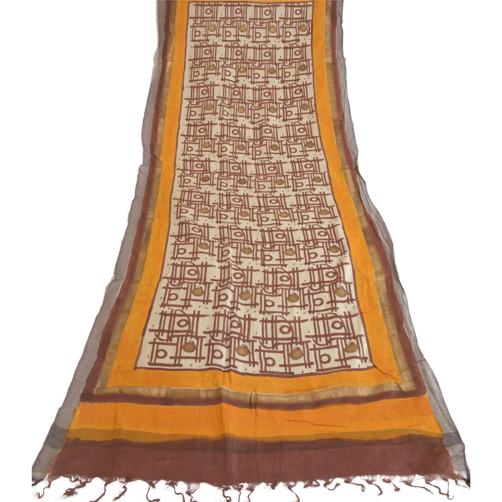 Sanskriti Vintage Long Dupatta Stole Pure Woolen Hand-Painted Ivory/Saffron Veil