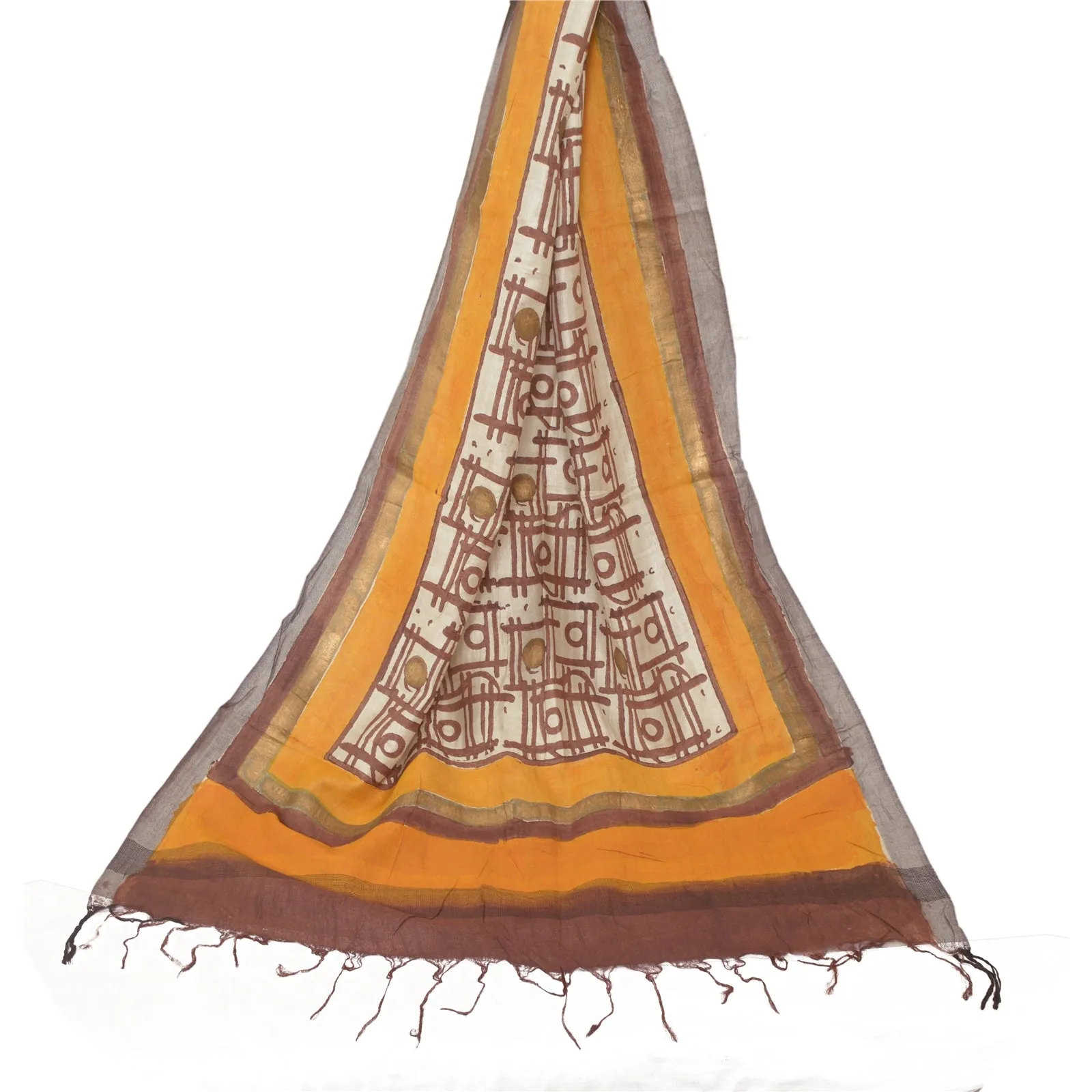 Sanskriti Vintage Long Dupatta Stole Pure Woolen Hand-Painted Ivory/Saffron Veil