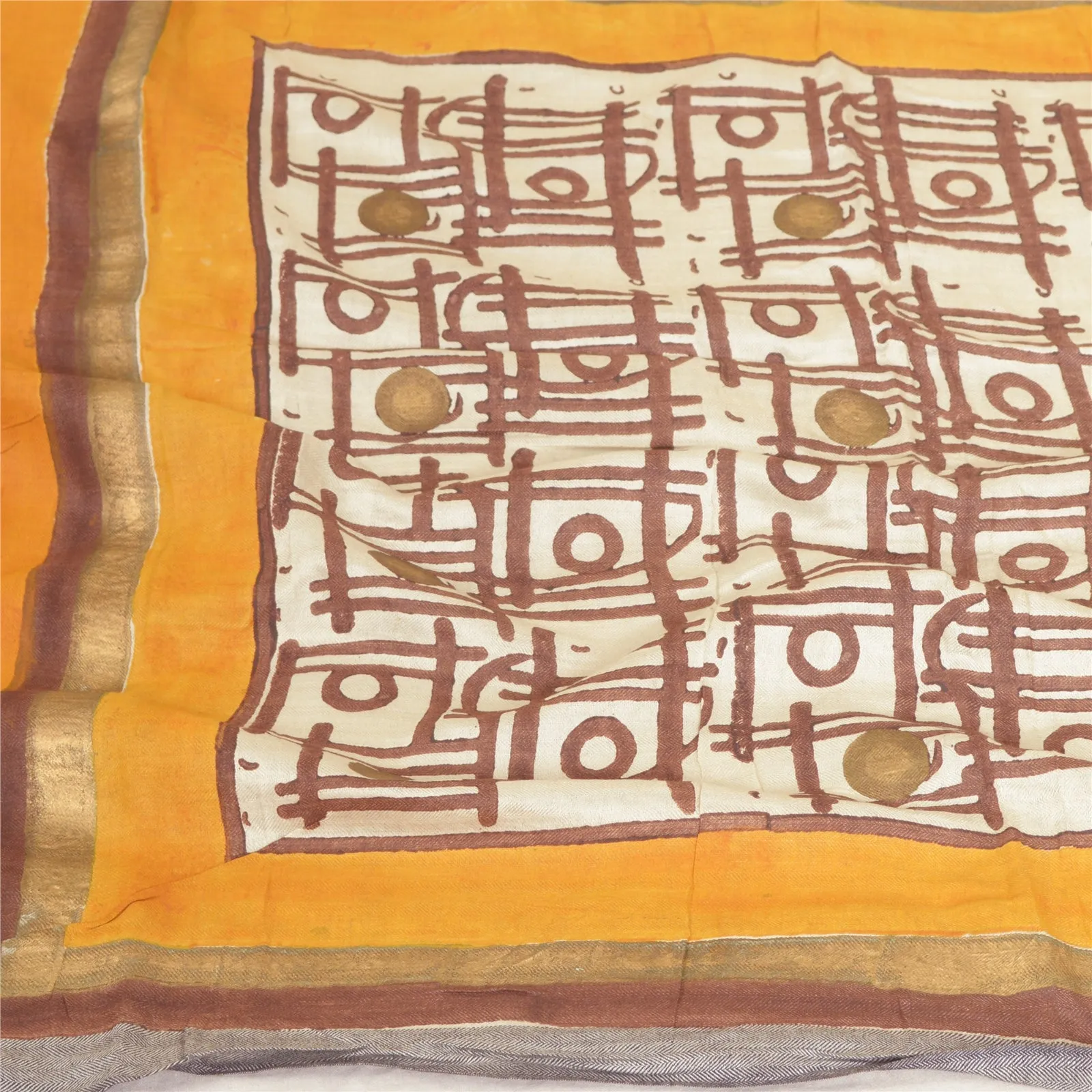 Sanskriti Vintage Long Dupatta Stole Pure Woolen Hand-Painted Ivory/Saffron Veil