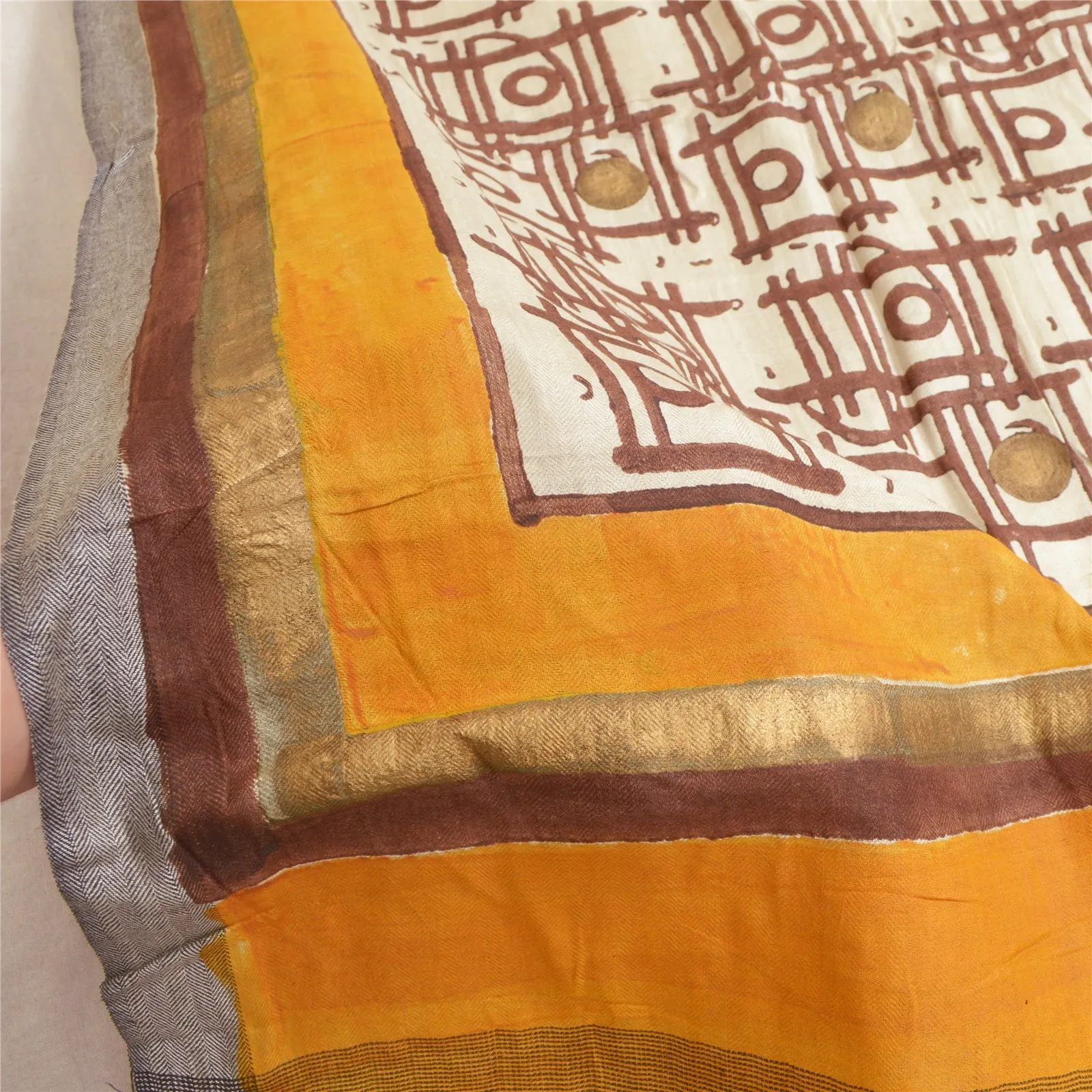 Sanskriti Vintage Long Dupatta Stole Pure Woolen Hand-Painted Ivory/Saffron Veil