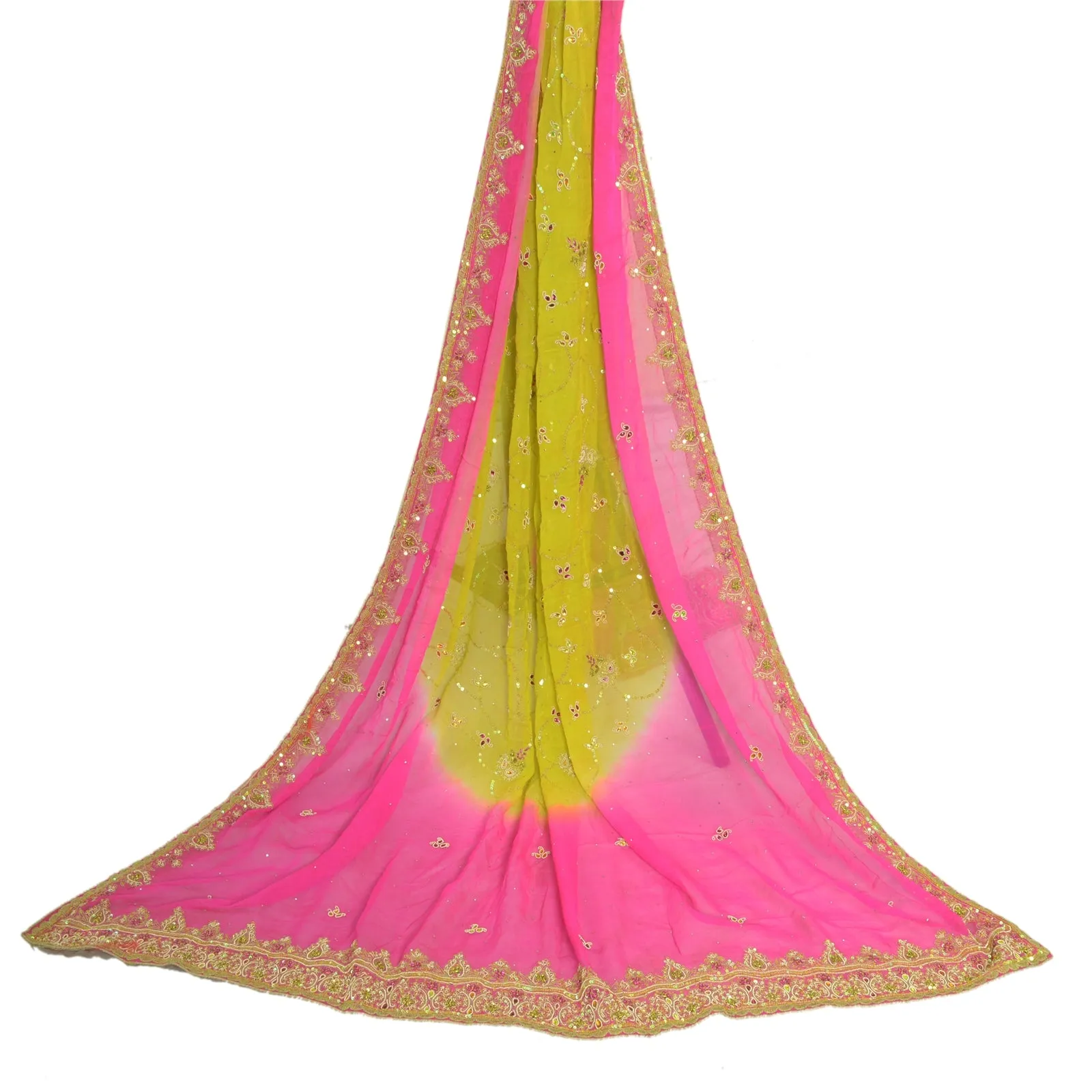 Sanskriti Vintage Long Pink/Green Dupatta/Stole Pure Georgette Silk Hand Beaded