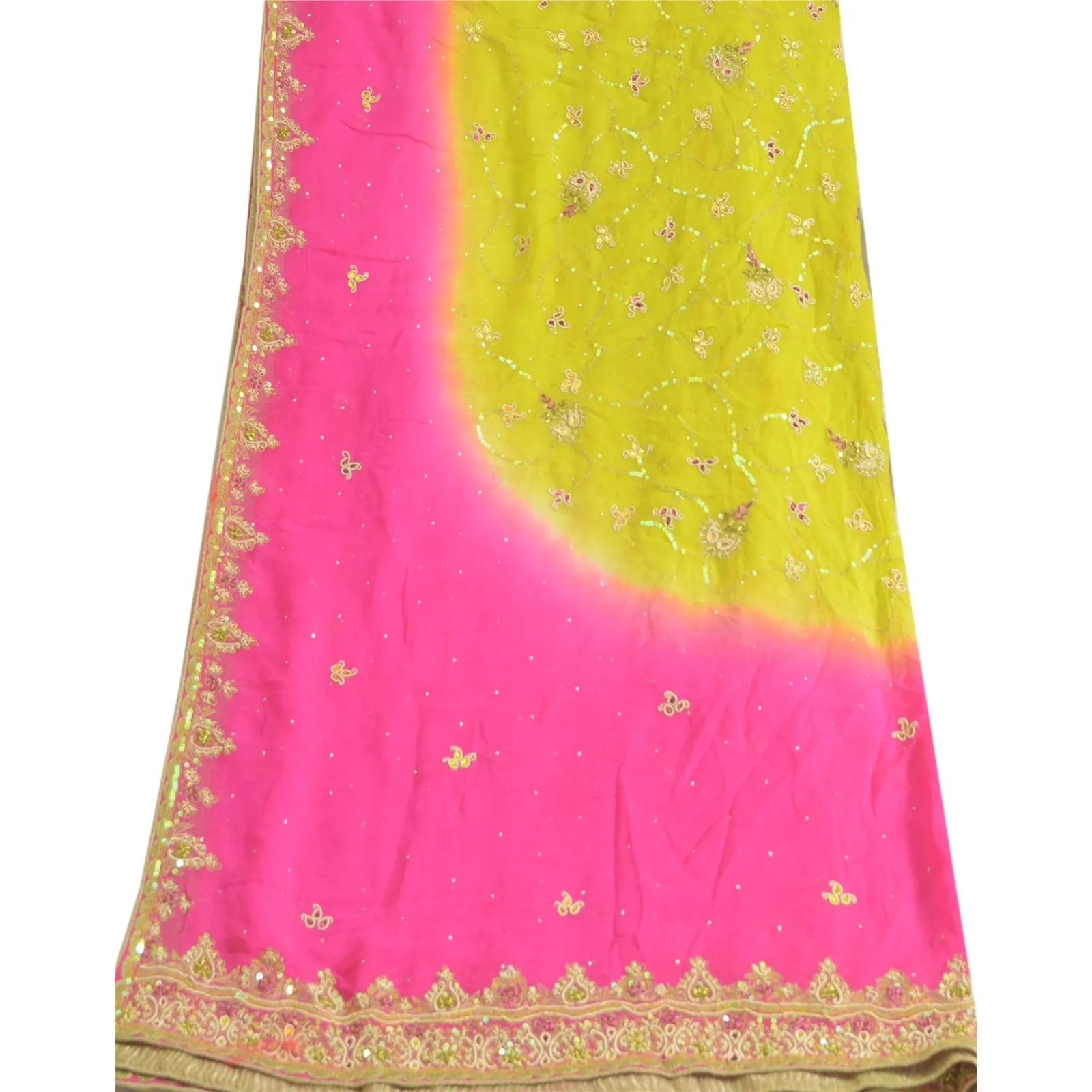 Sanskriti Vintage Long Pink/Green Dupatta/Stole Pure Georgette Silk Hand Beaded