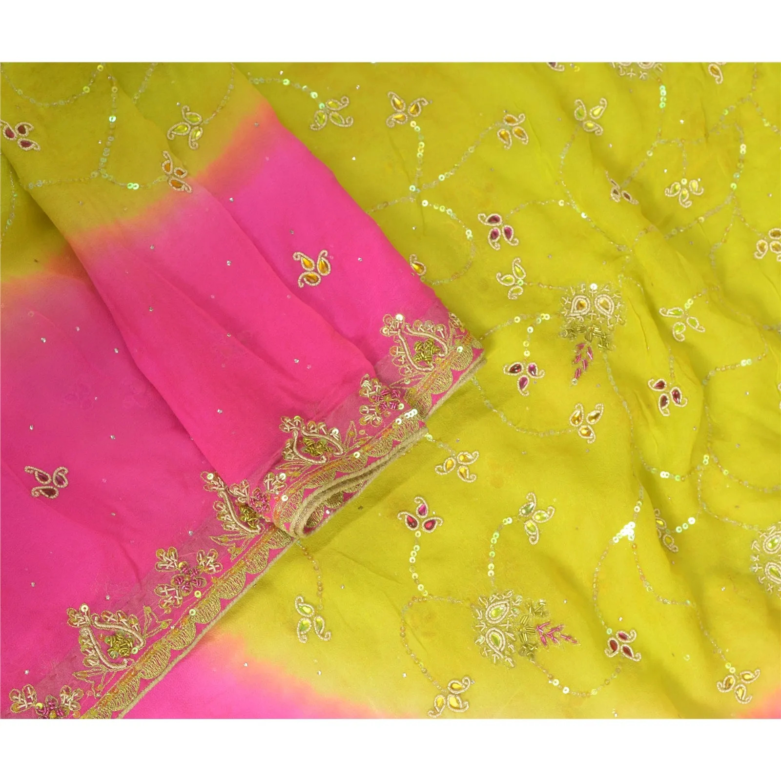 Sanskriti Vintage Long Pink/Green Dupatta/Stole Pure Georgette Silk Hand Beaded