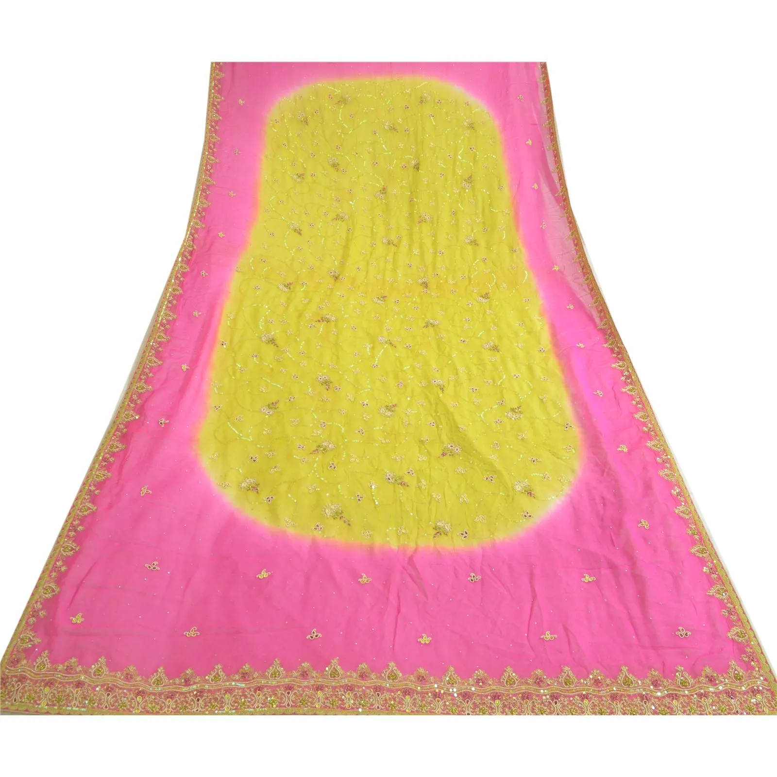 Sanskriti Vintage Long Pink/Green Dupatta/Stole Pure Georgette Silk Hand Beaded