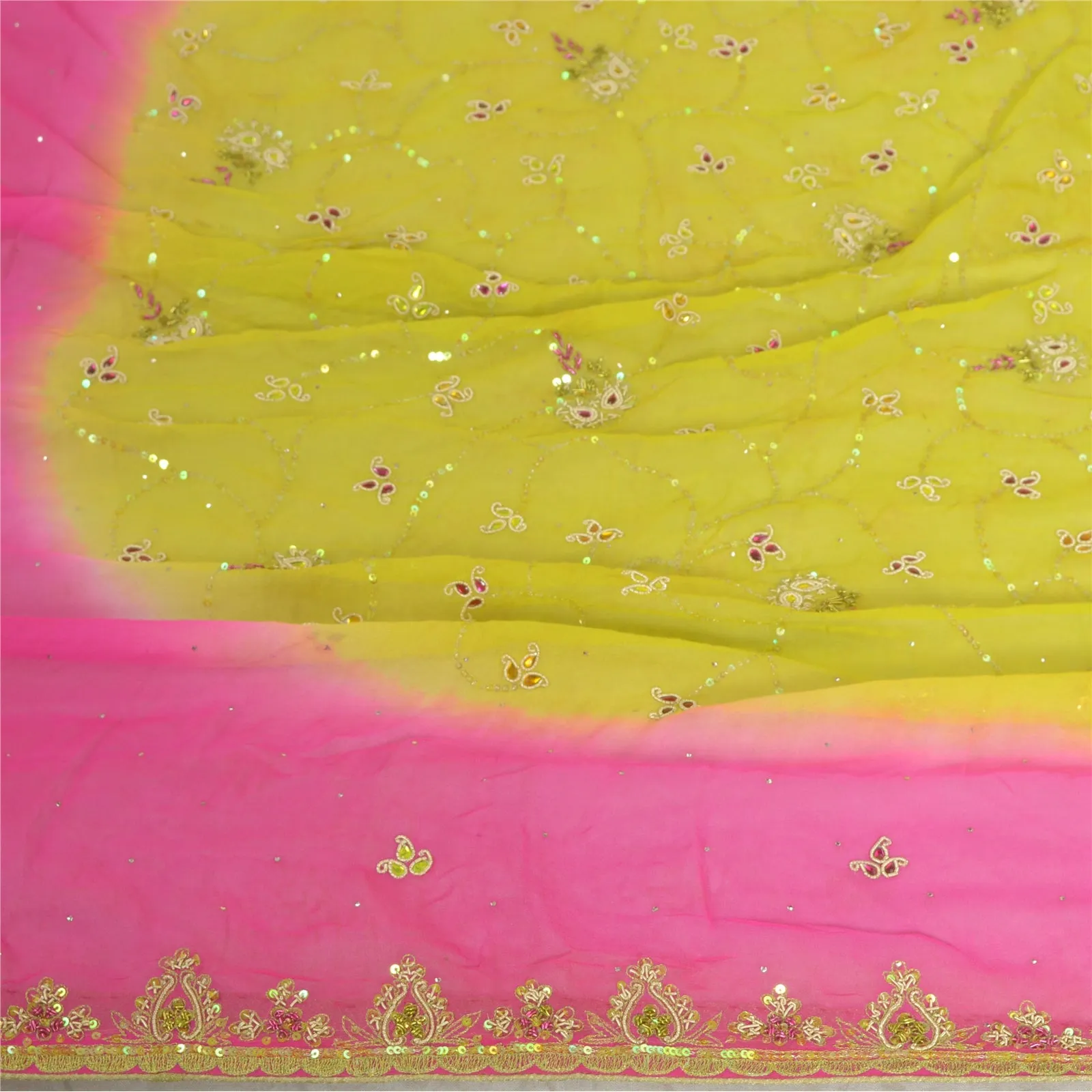 Sanskriti Vintage Long Pink/Green Dupatta/Stole Pure Georgette Silk Hand Beaded