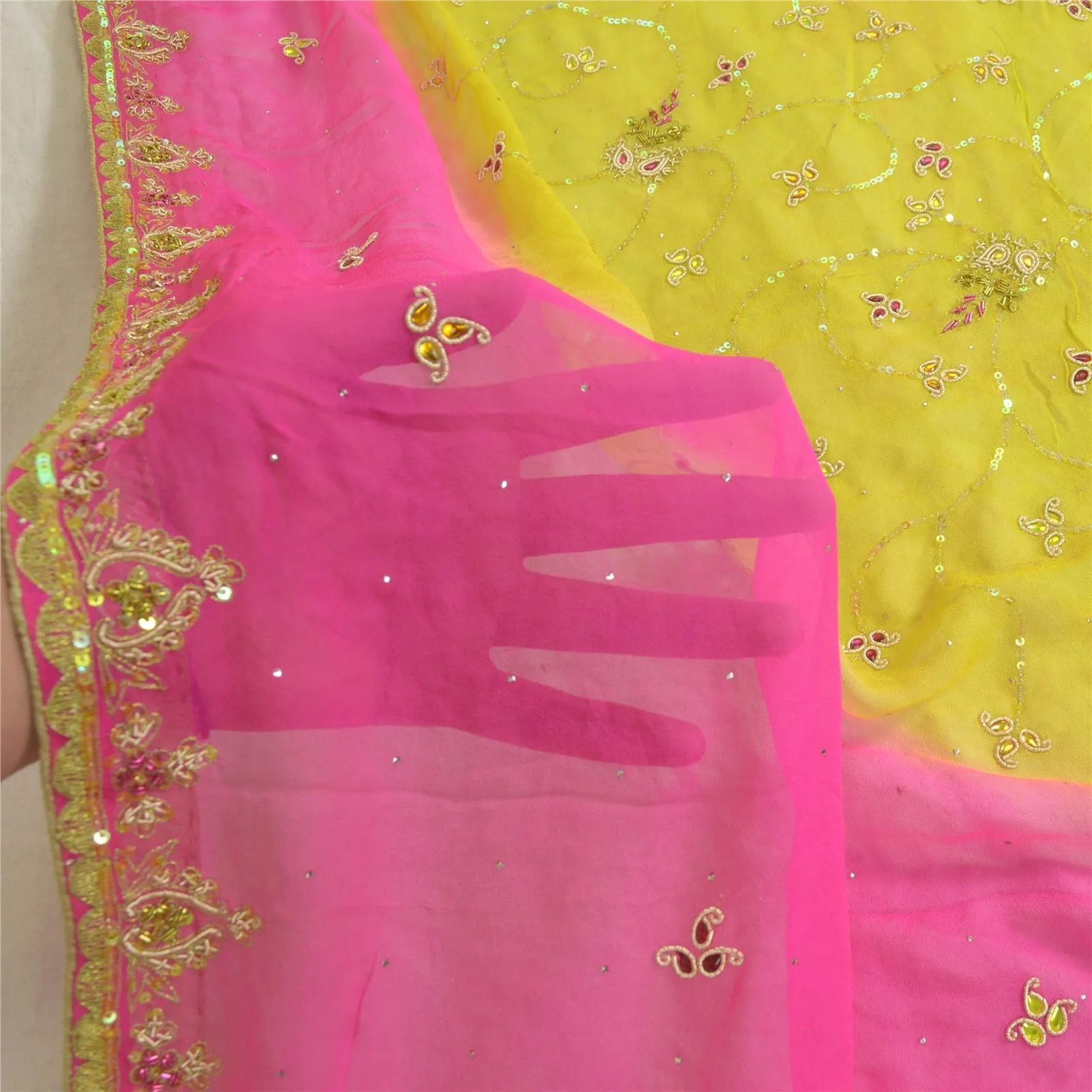 Sanskriti Vintage Long Pink/Green Dupatta/Stole Pure Georgette Silk Hand Beaded