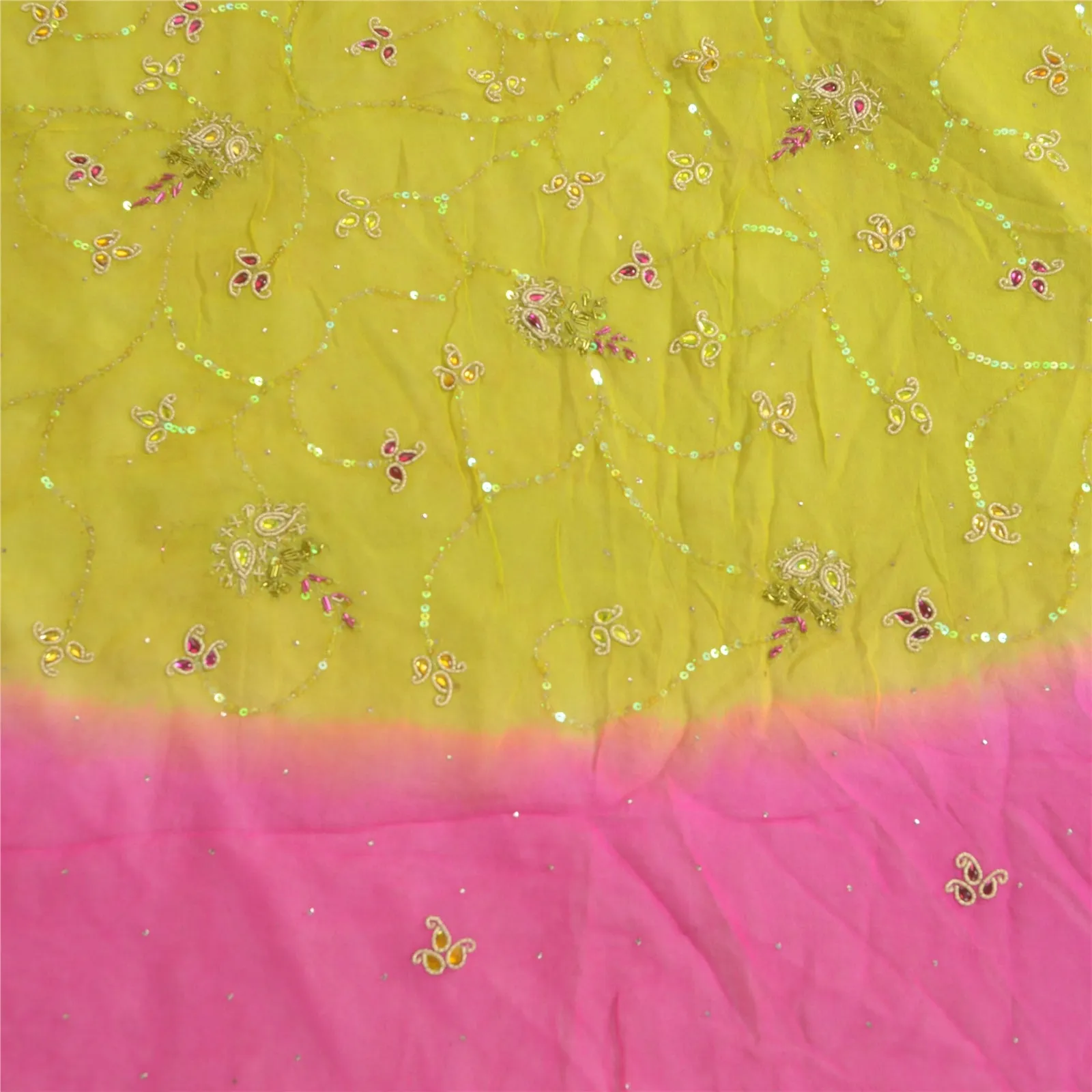 Sanskriti Vintage Long Pink/Green Dupatta/Stole Pure Georgette Silk Hand Beaded