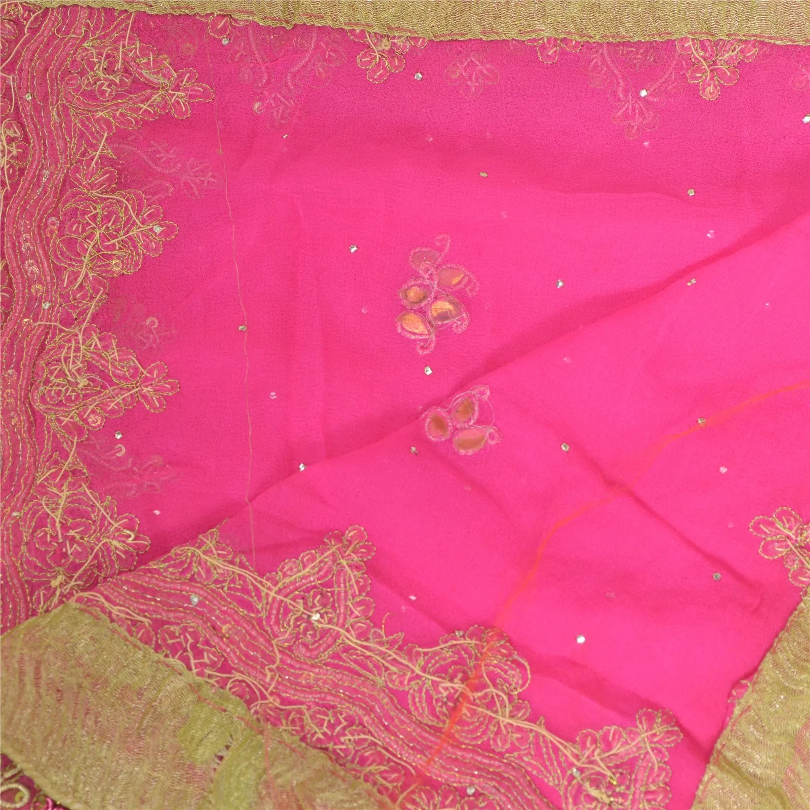 Sanskriti Vintage Long Pink/Green Dupatta/Stole Pure Georgette Silk Hand Beaded