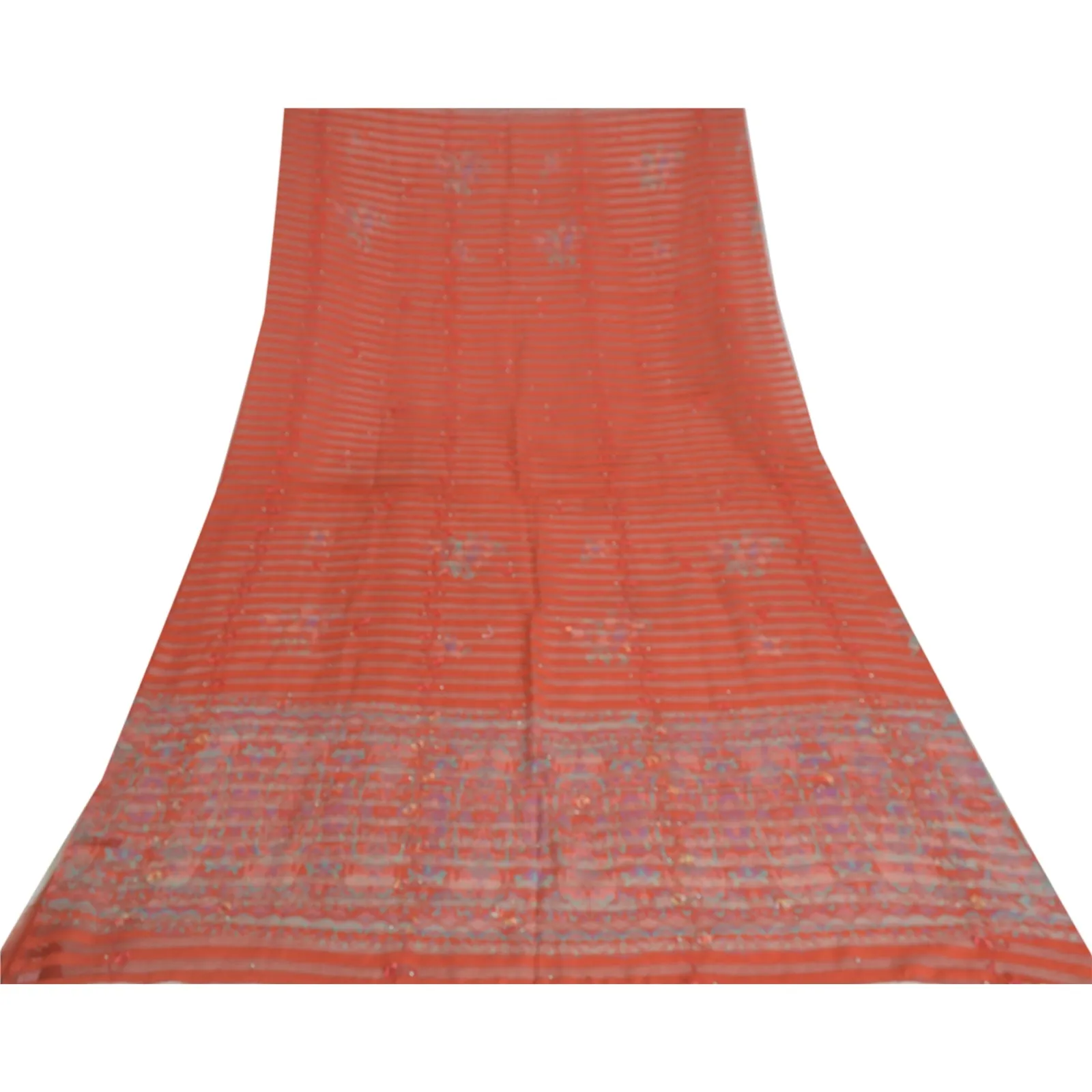 Sanskriti Vintage Long Saffron Dupatta Stole Pure Silk Hand Beaded Print Veil