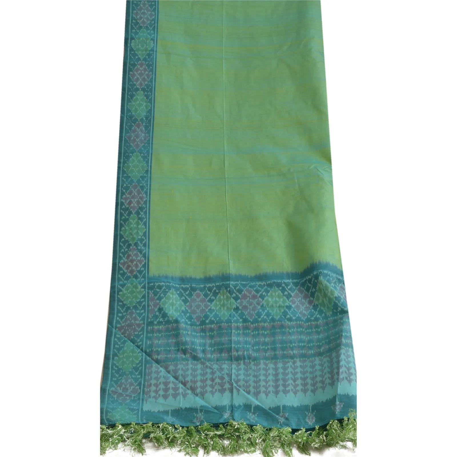 Sanskriti Vintage Long Stole Blend Silk Green/Blue Woven Ikat Pochampally Hijab