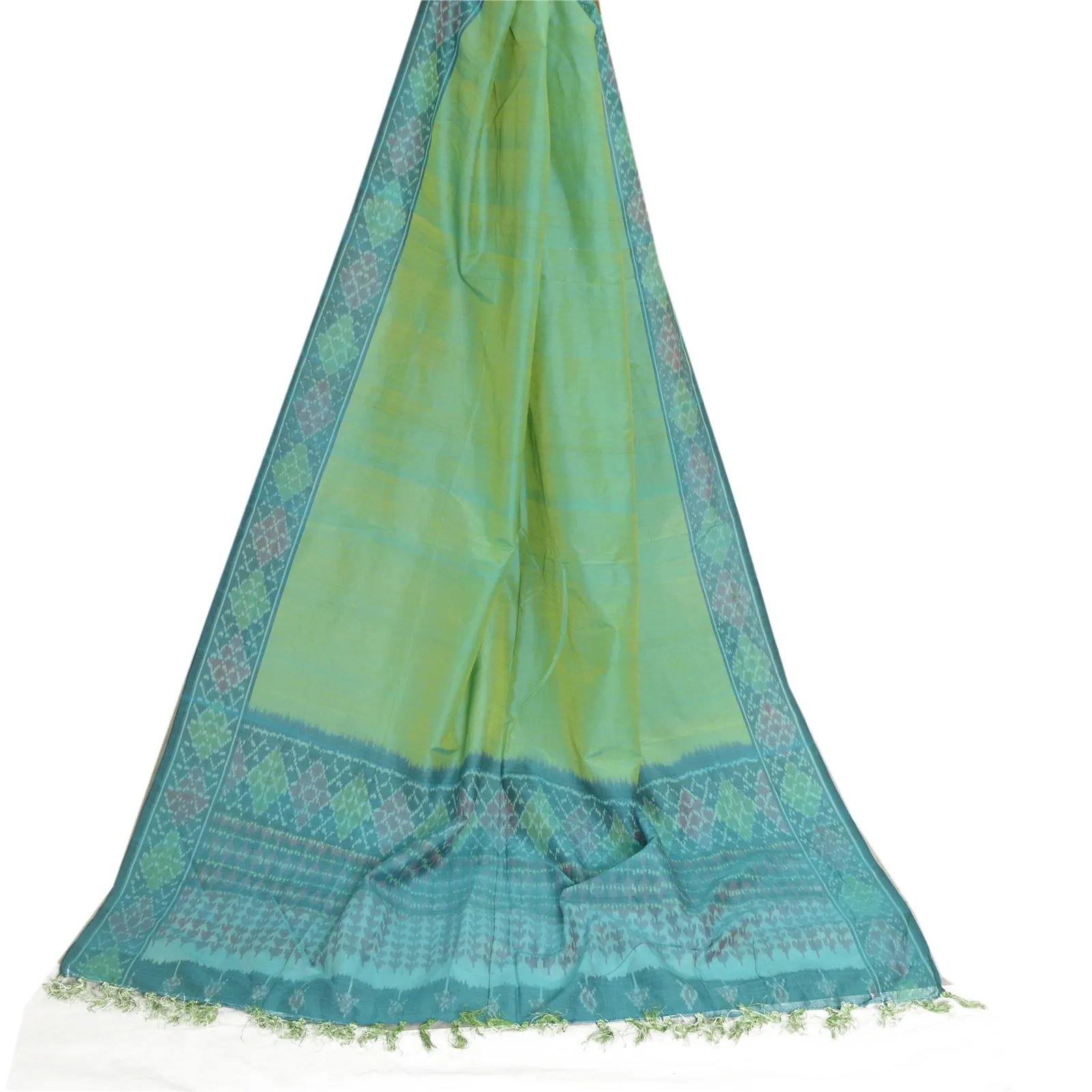 Sanskriti Vintage Long Stole Blend Silk Green/Blue Woven Ikat Pochampally Hijab