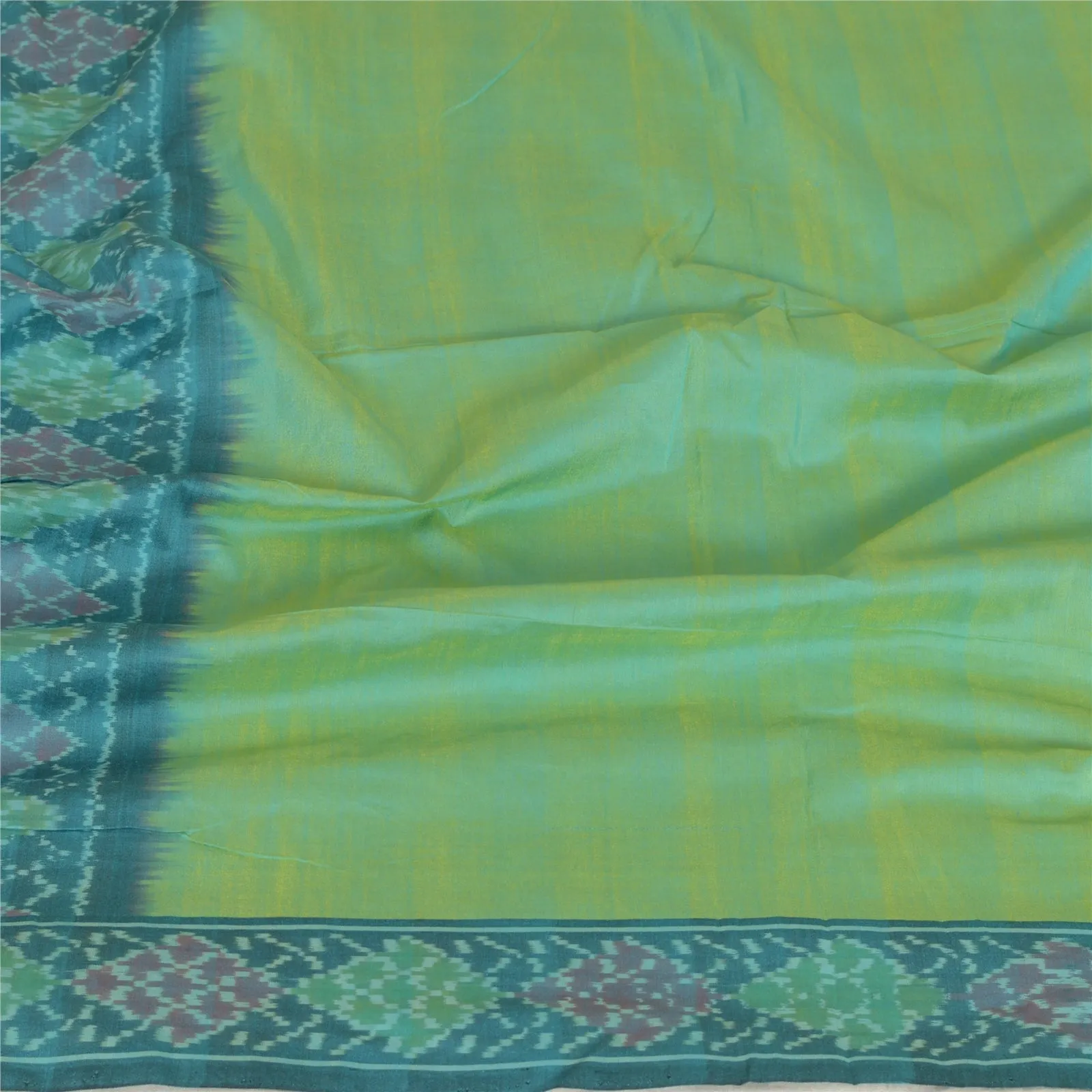 Sanskriti Vintage Long Stole Blend Silk Green/Blue Woven Ikat Pochampally Hijab