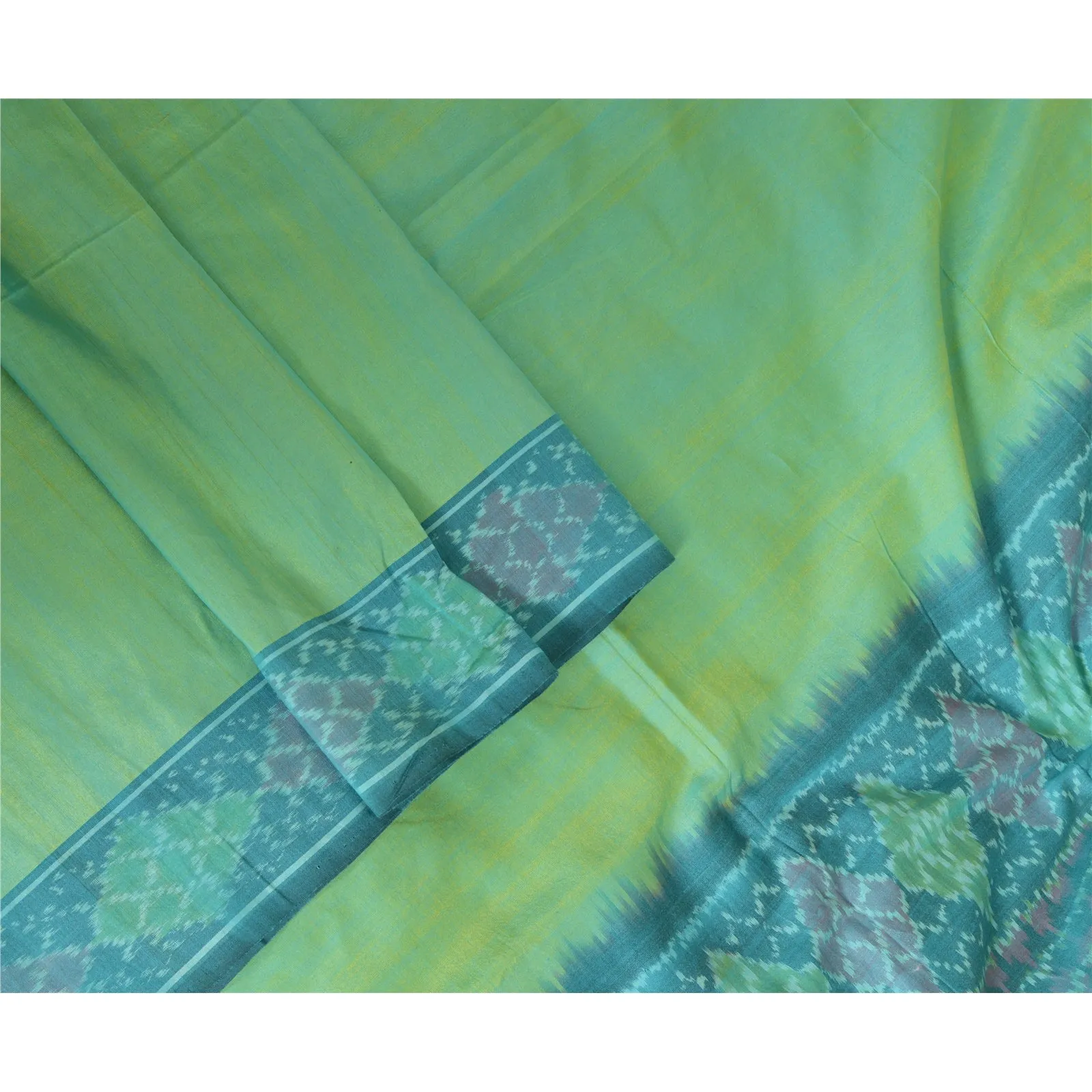 Sanskriti Vintage Long Stole Blend Silk Green/Blue Woven Ikat Pochampally Hijab