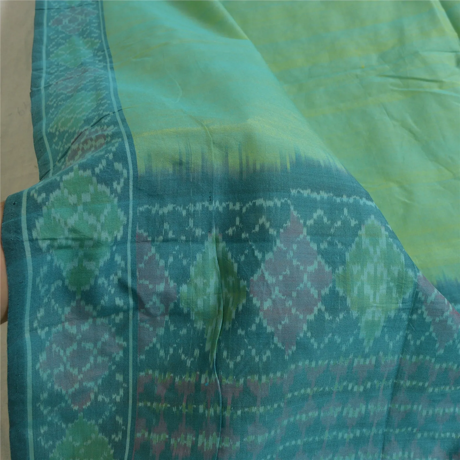 Sanskriti Vintage Long Stole Blend Silk Green/Blue Woven Ikat Pochampally Hijab