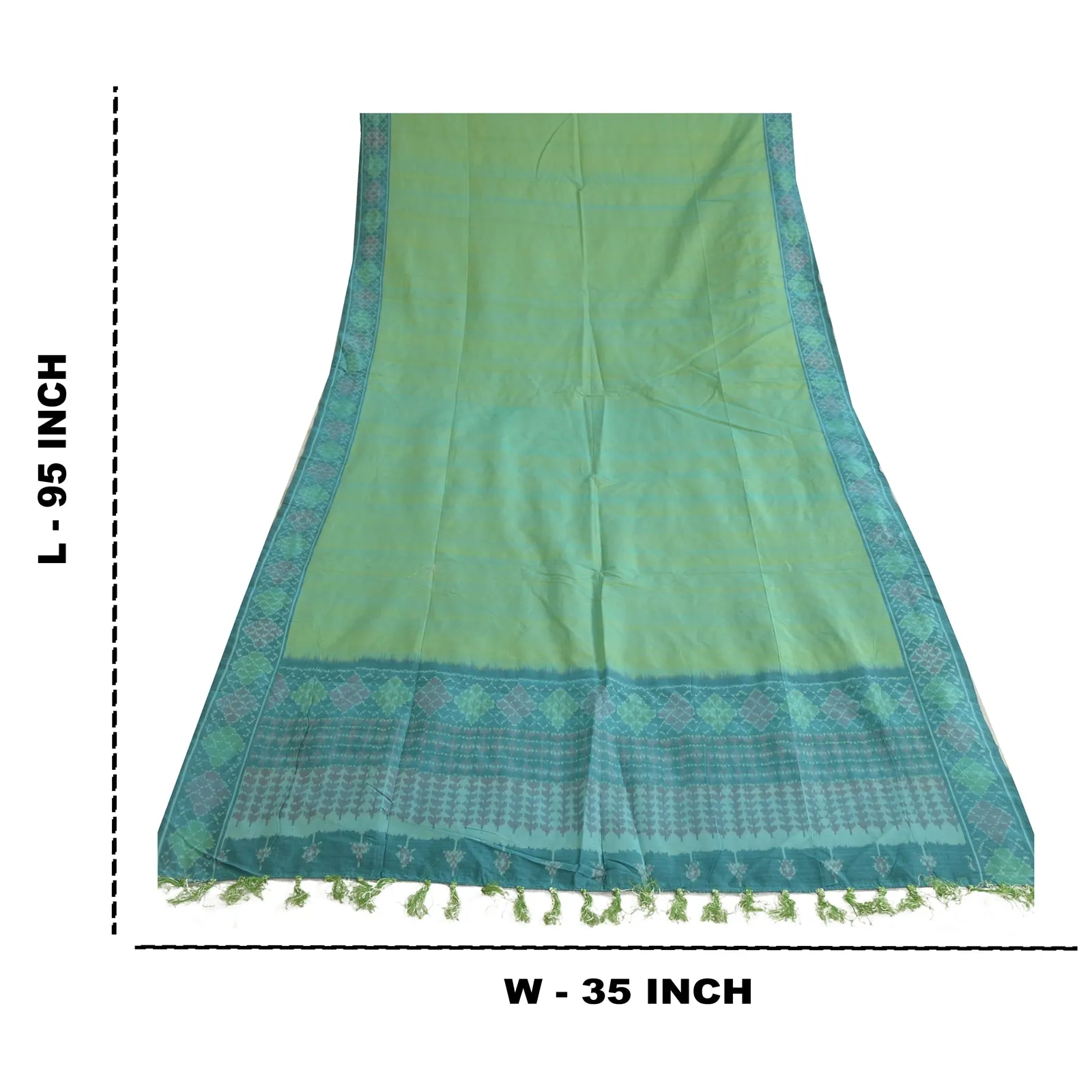 Sanskriti Vintage Long Stole Blend Silk Green/Blue Woven Ikat Pochampally Hijab