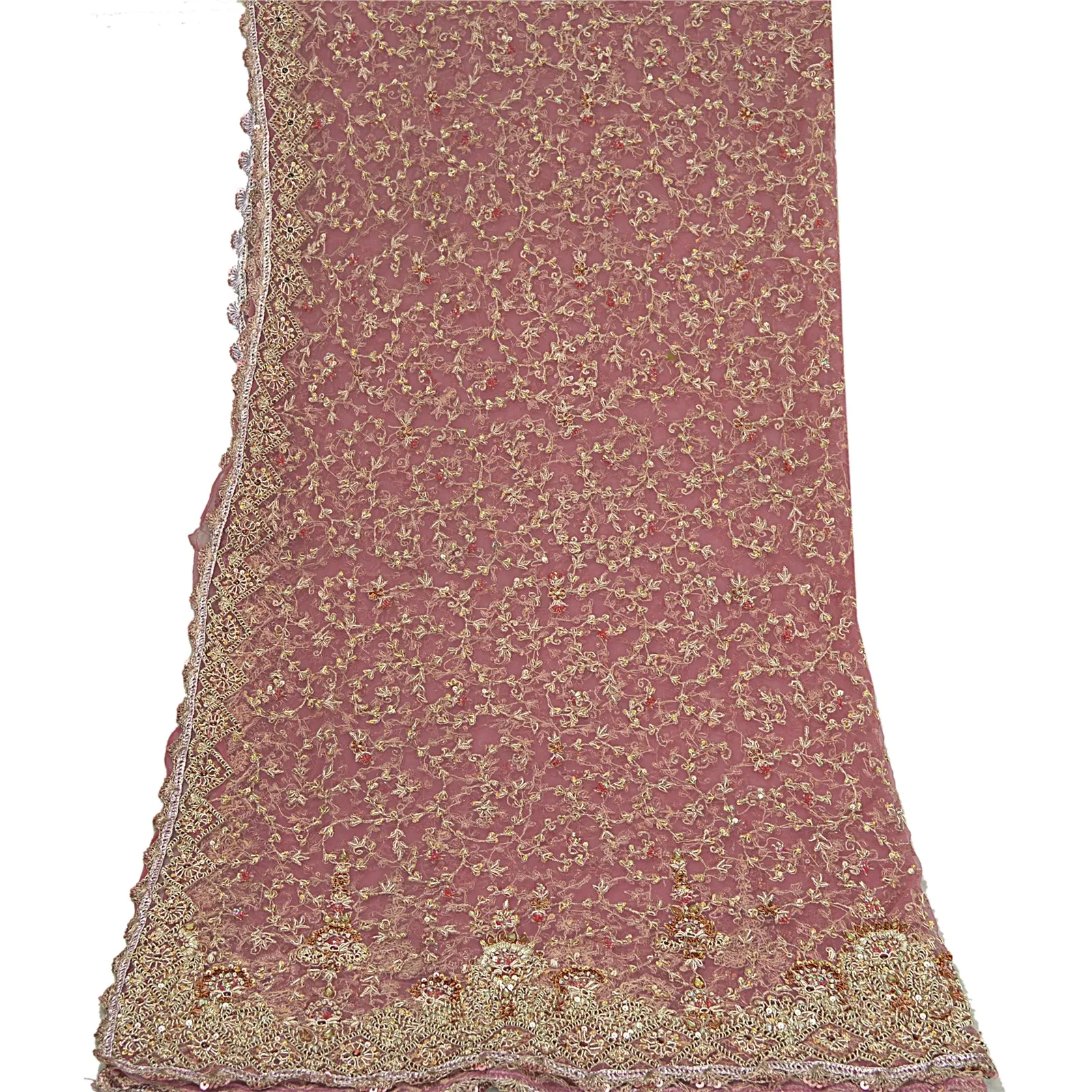 Sanskriti Vintage Pink Wedding Dupatta Net Mesh Hand Beaded Zardozi Stole