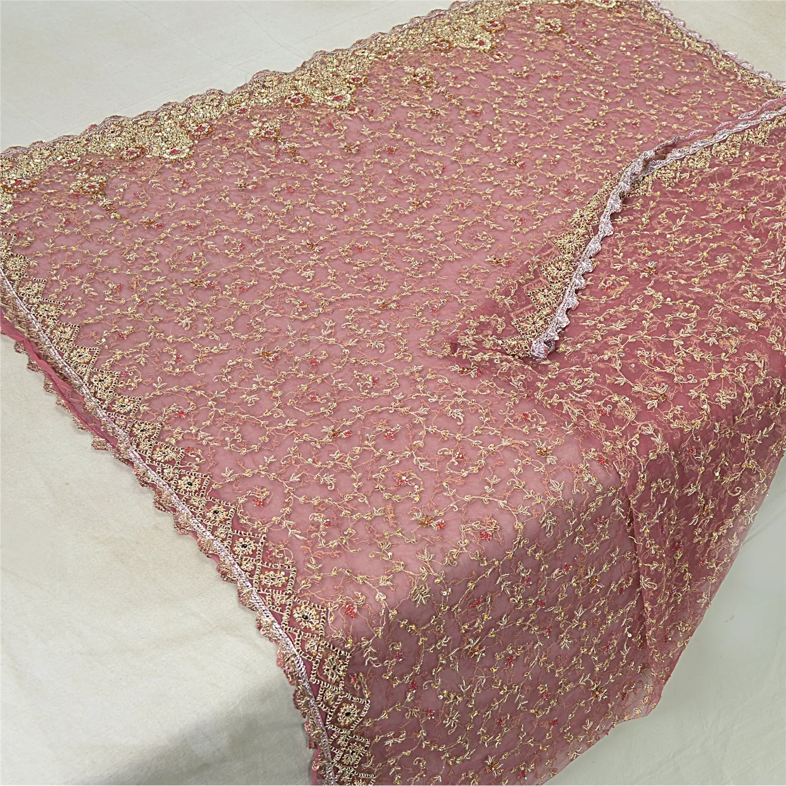 Sanskriti Vintage Pink Wedding Dupatta Net Mesh Hand Beaded Zardozi Stole