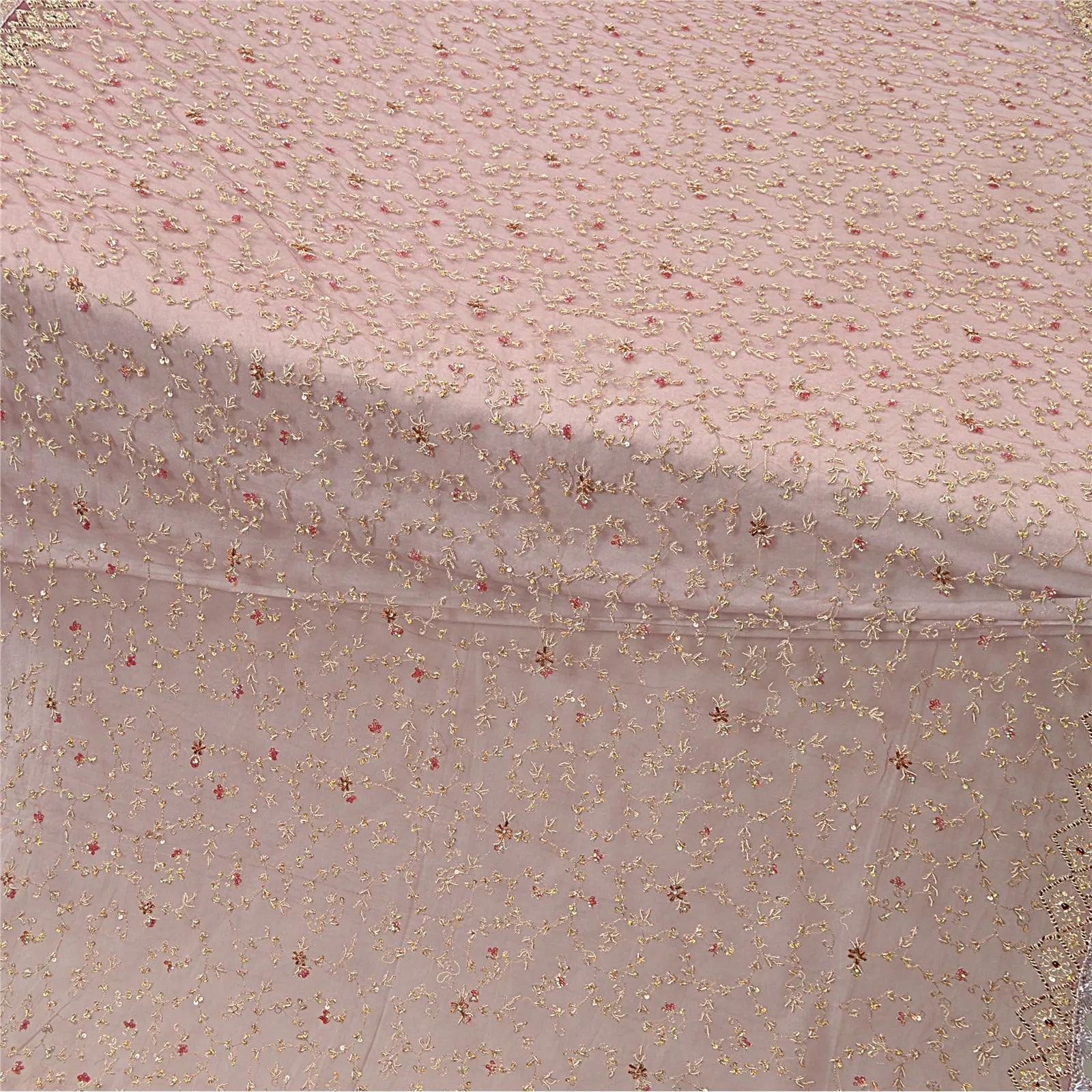 Sanskriti Vintage Pink Wedding Dupatta Net Mesh Hand Beaded Zardozi Stole