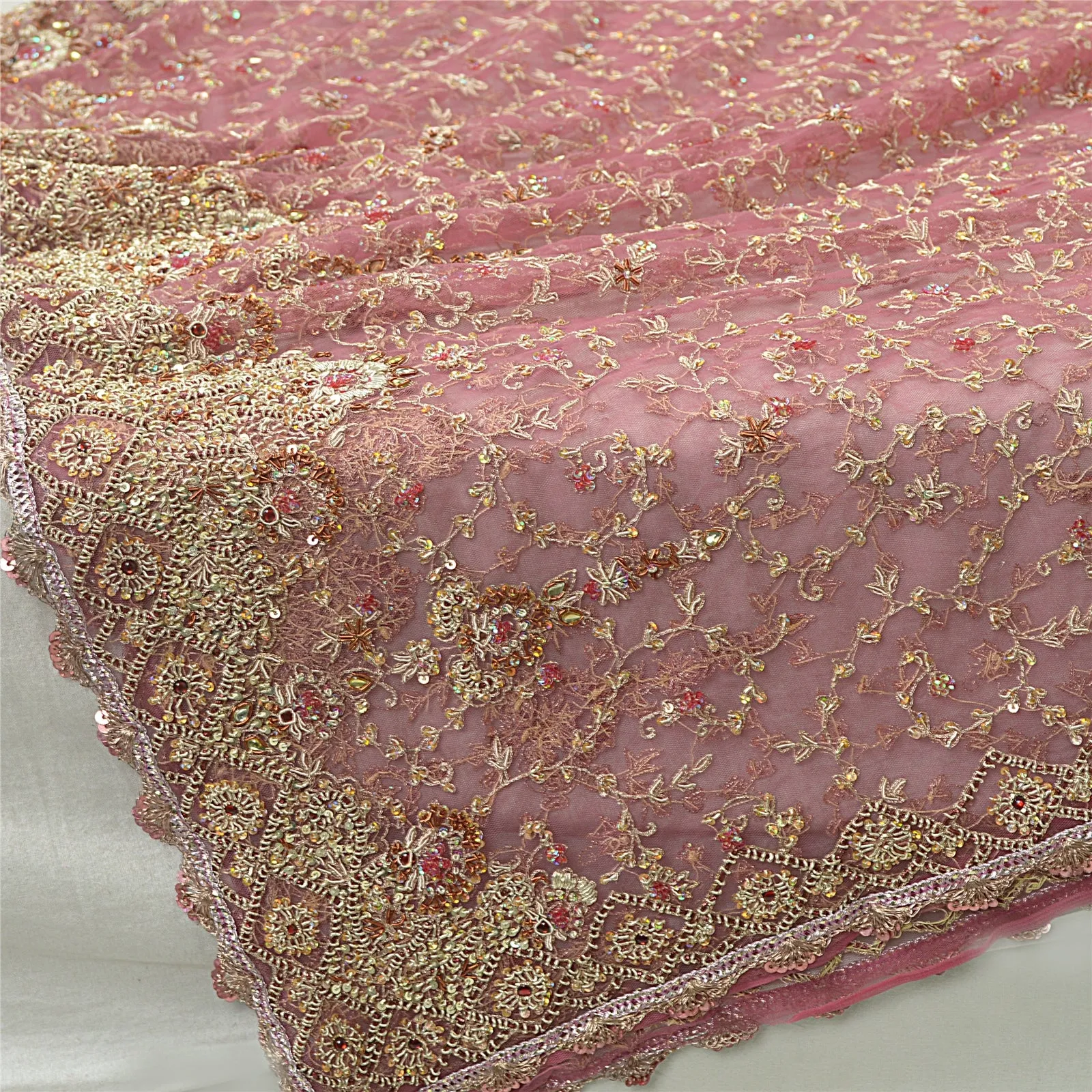 Sanskriti Vintage Pink Wedding Dupatta Net Mesh Hand Beaded Zardozi Stole