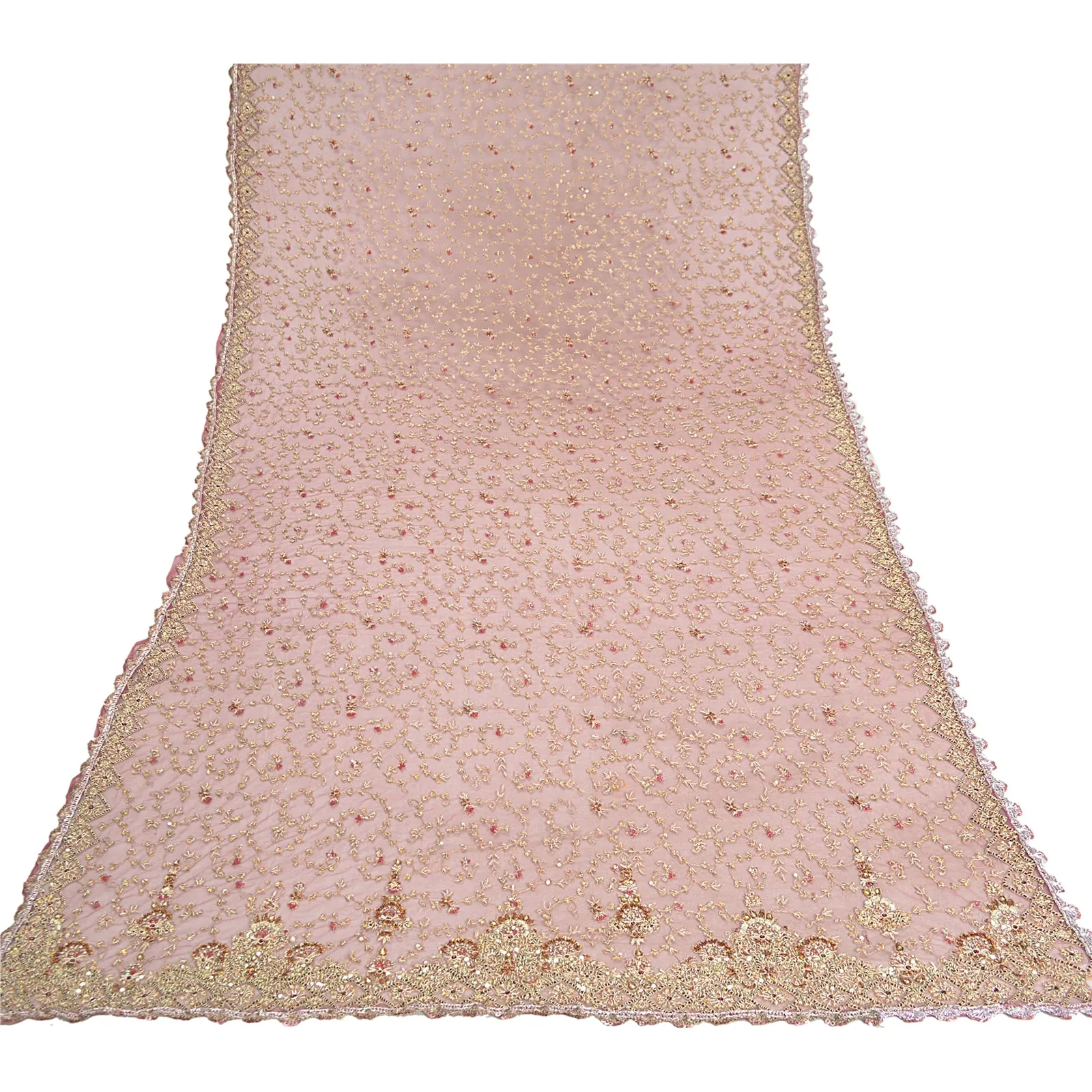 Sanskriti Vintage Pink Wedding Dupatta Net Mesh Hand Beaded Zardozi Stole