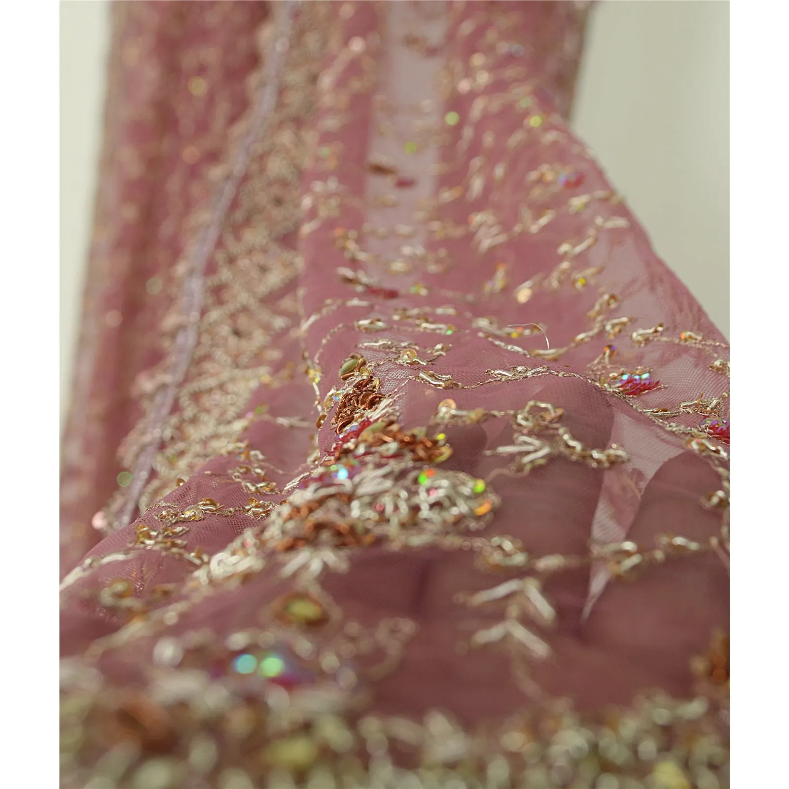 Sanskriti Vintage Pink Wedding Dupatta Net Mesh Hand Beaded Zardozi Stole