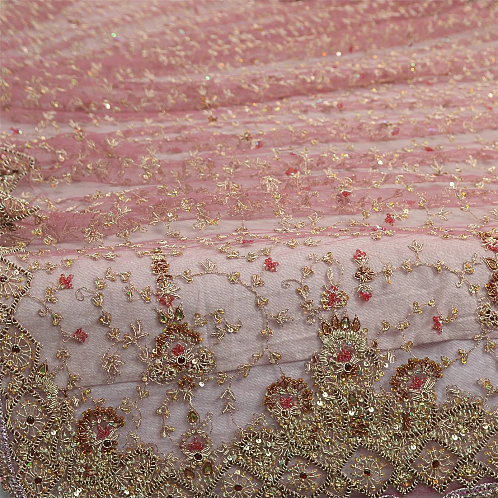 Sanskriti Vintage Pink Wedding Dupatta Net Mesh Hand Beaded Zardozi Stole