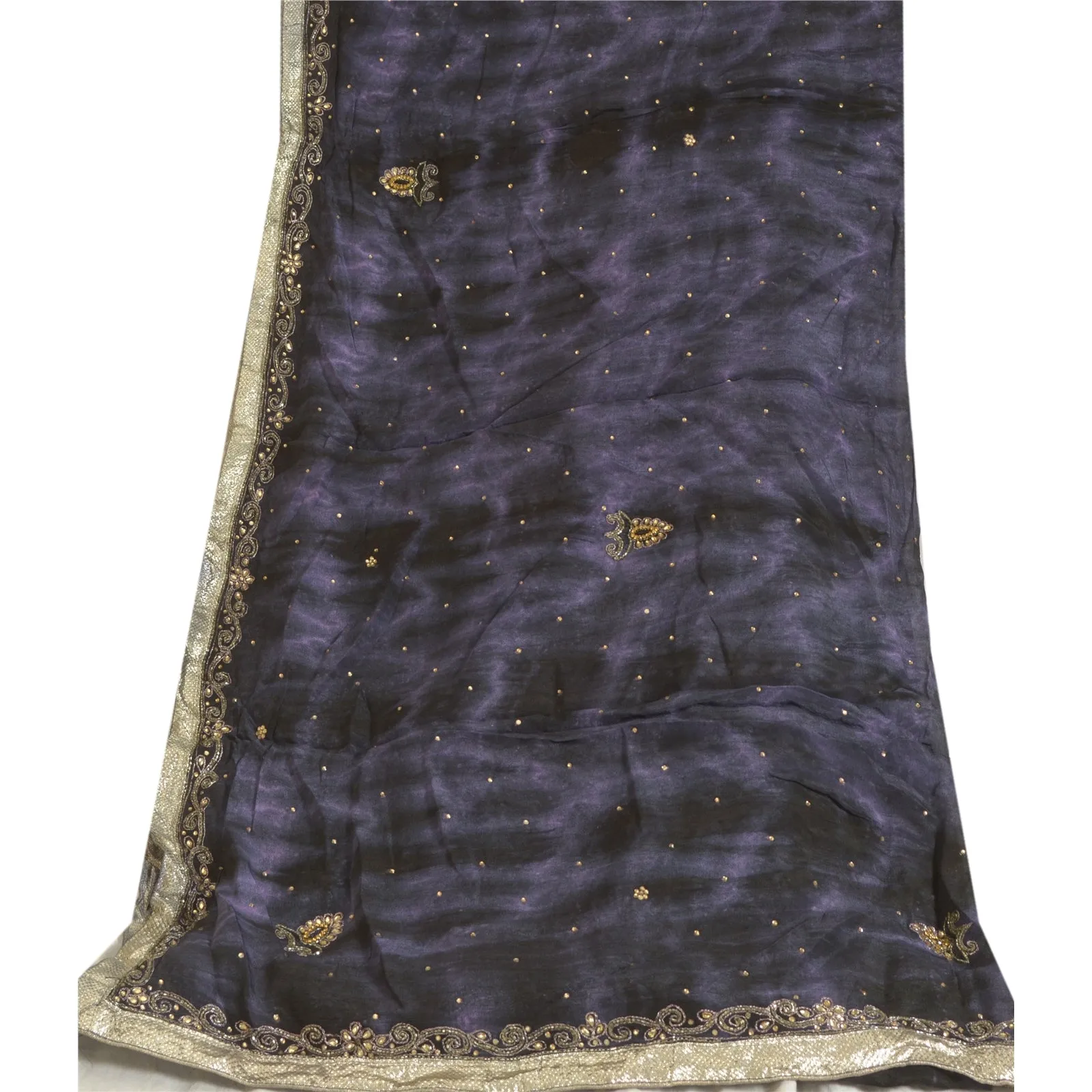 Sanskriti Vintage Purple/Blue Dupatta Long Stole Blend Silk Hand Beaded Tie-Dye